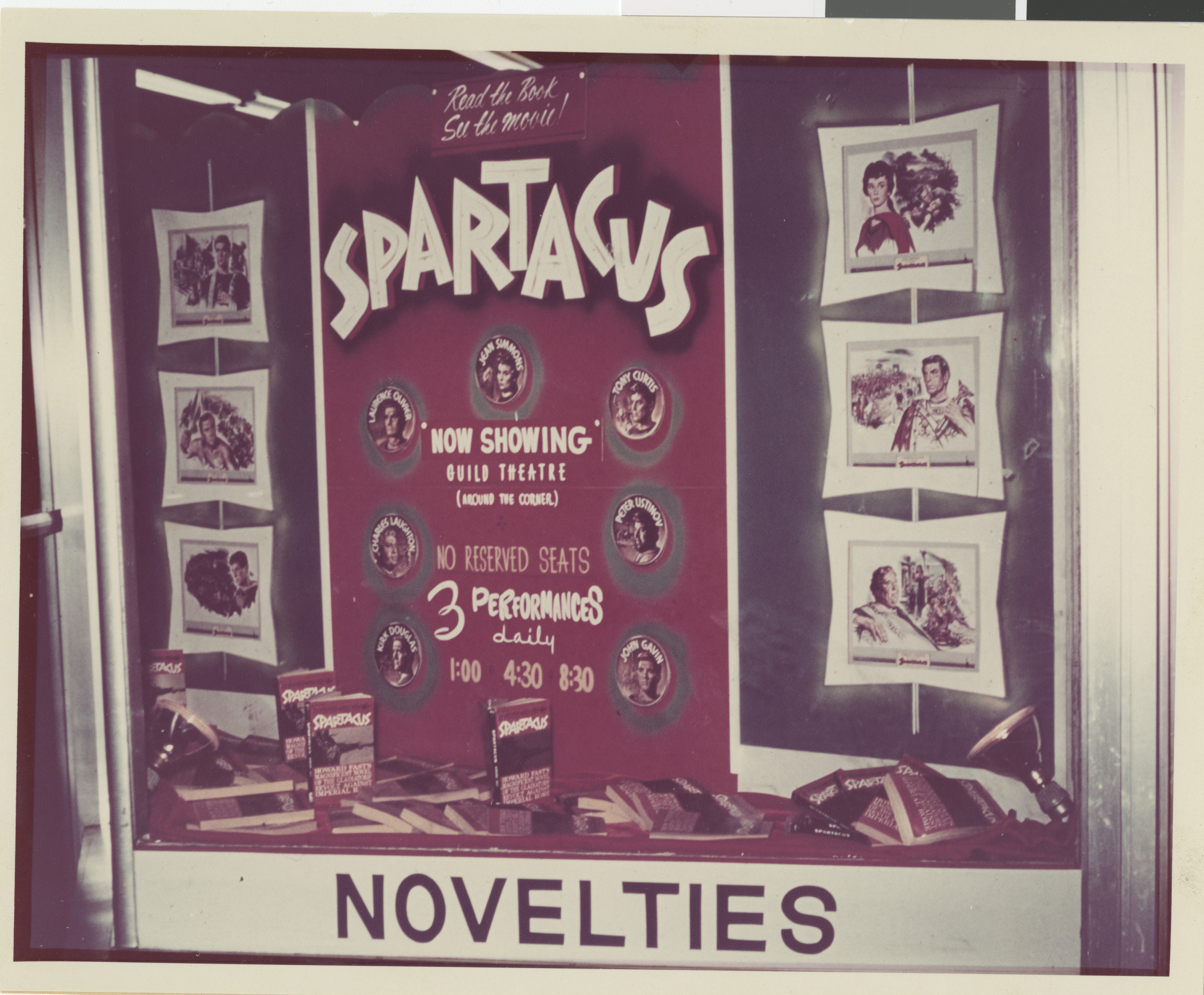 Photograph of window dressing for Spartacus film, Guild Theater