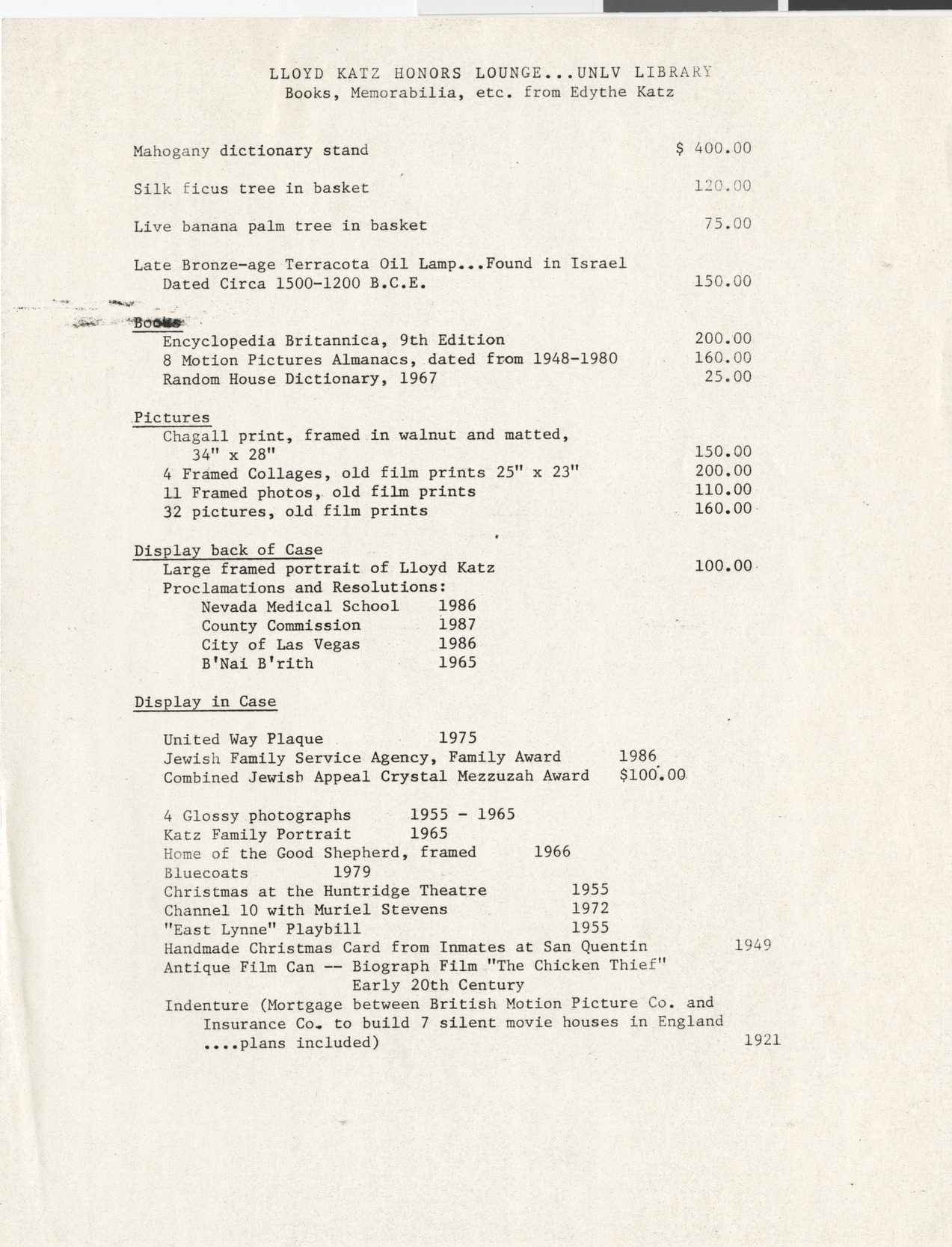 Inventory of books and memorabilia in the Lloyd Katz Honors Lounge at UNLV Library