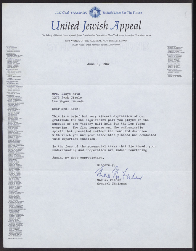 Letter from Max Fisher (New York, N.Y.) to Lloyd Katz (Las Vegas, Nev.), June 9, 1967