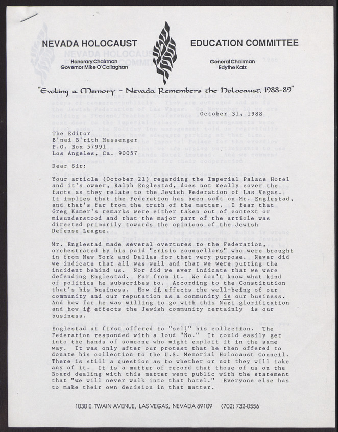 Letter from Edythe Katz (Las Vegas, Nev.) to the Editor of the B'nai B'rith Messenger (Los Angeles, Calif.), October 31, 1988, page 1
