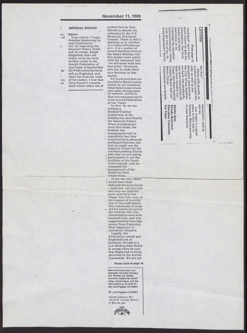 Letter from Edythe Katz (Las Vegas, Nev.) to the Editor of the B'nai B'rith Messenger (Los Angeles, Calif.), October 31, 1988, page 3