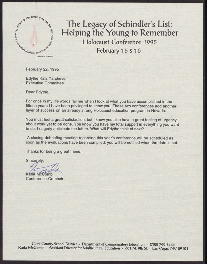 Letter from Karla McComb (Las Vegas, Nev.) to Edythe Katz (Las Vegas, Nev.), February 22, 1995