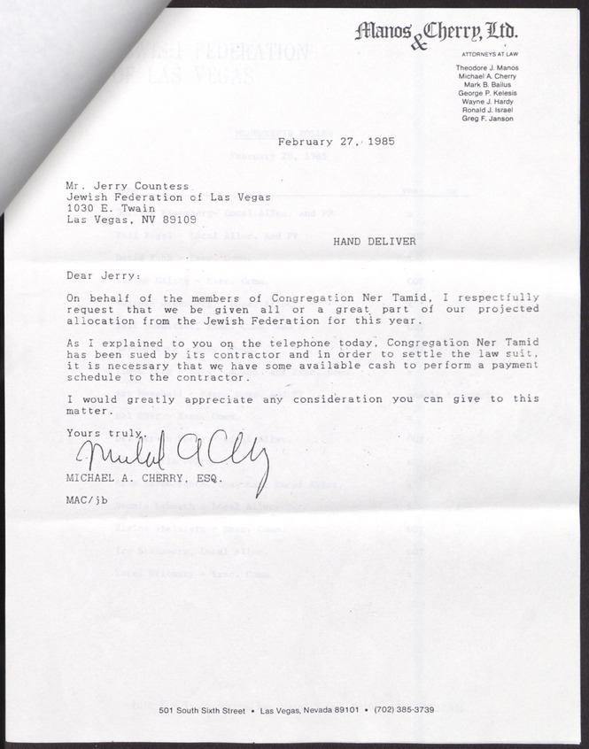Memorandum from Jerry Countess to Members of the Executive Committee for the Jewish Federation of Las Vegas, March 1, 1985, page 2