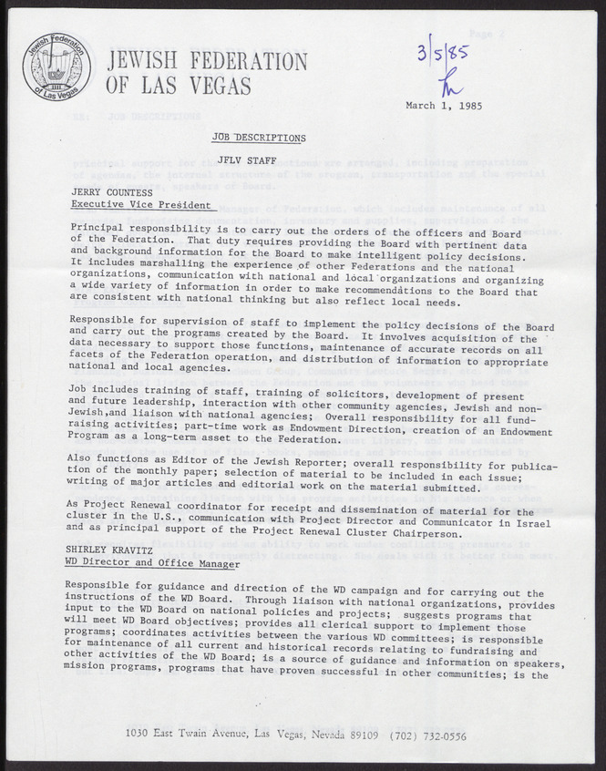 Job descriptions for staff of Jewish Federation of Las Vegas, March 1, 1985, page 1