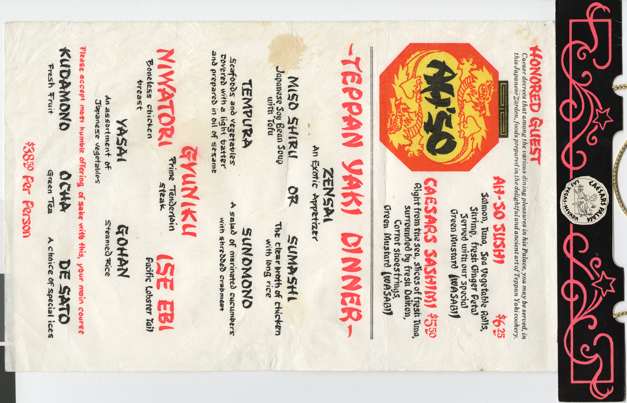 Menu from Ah'So restaurant at Caesars Palace, undated