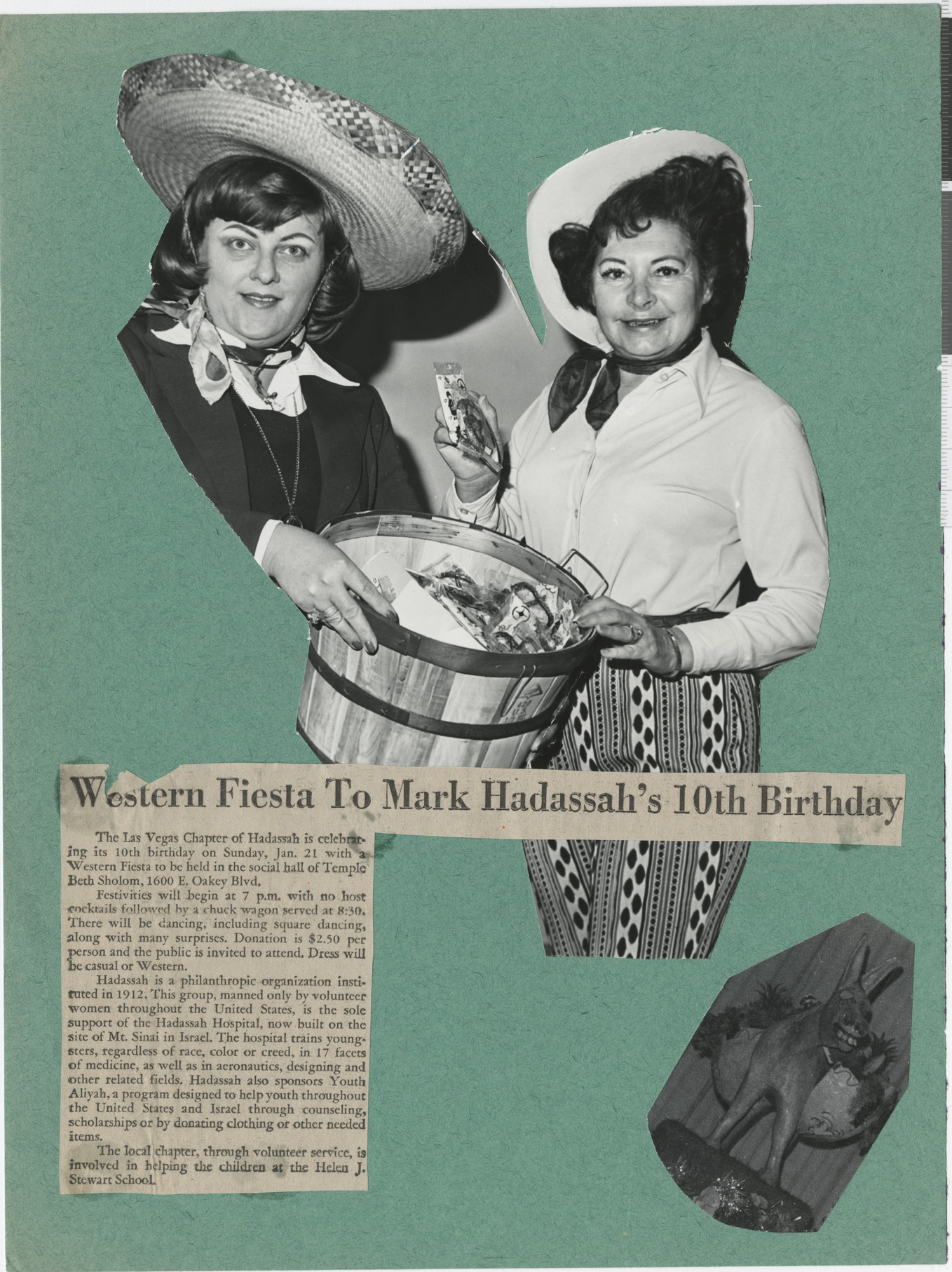 Photograph of members of Hadassah dressed up for Annual Birthday party, newspaper clipping of Western Fiesta to Mark Hadassah's 10th Birthday, publication and date unknown, and photograph of donkey statue at Hadassah birthday party