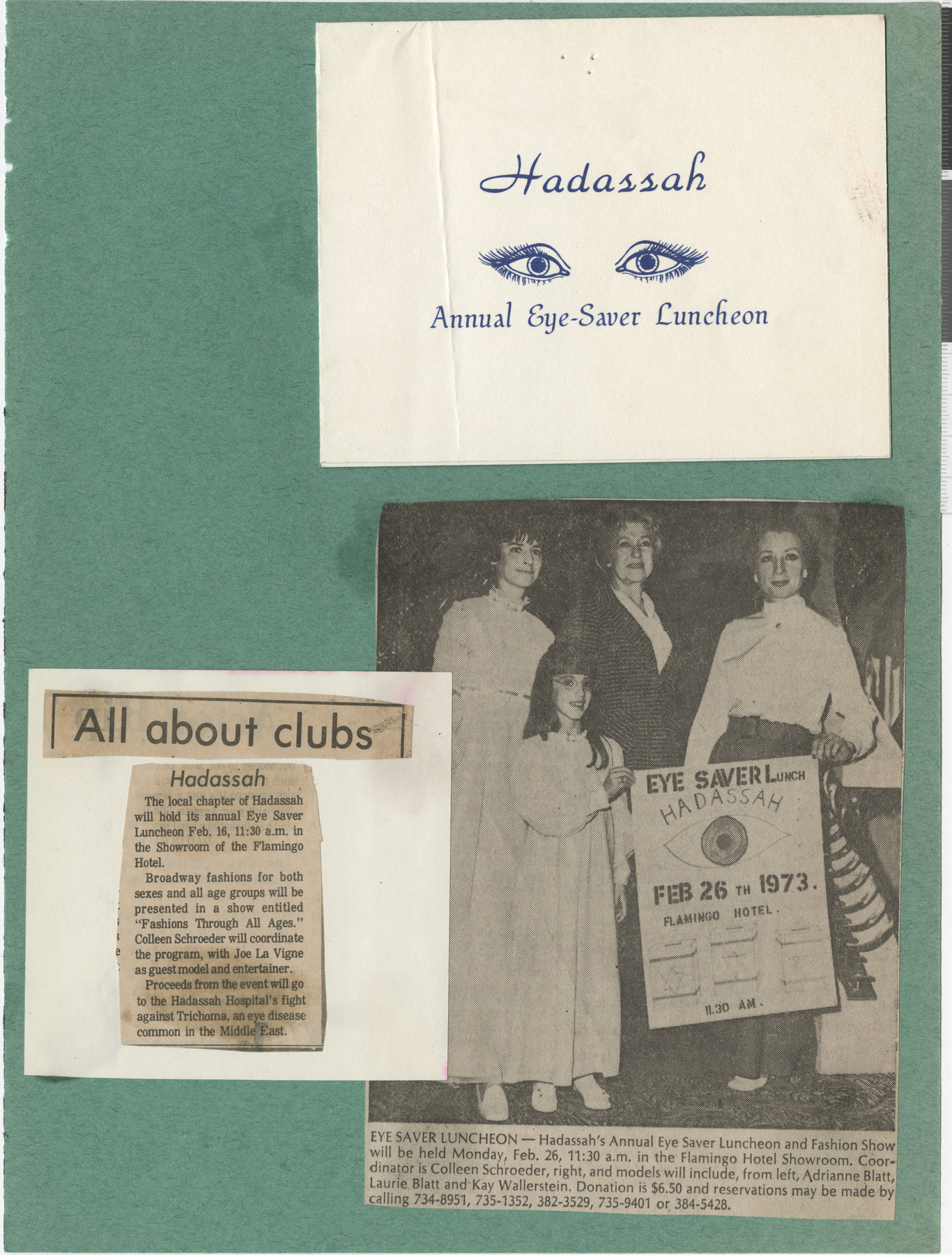 Cover for invitation to Hadassah Annual Eye-Saver Luncheon, and newspaper clippings, All about Clubs: Hadassah, publication and date unknown, and Eye Saver Luncheon, publication unknown, February 1973
