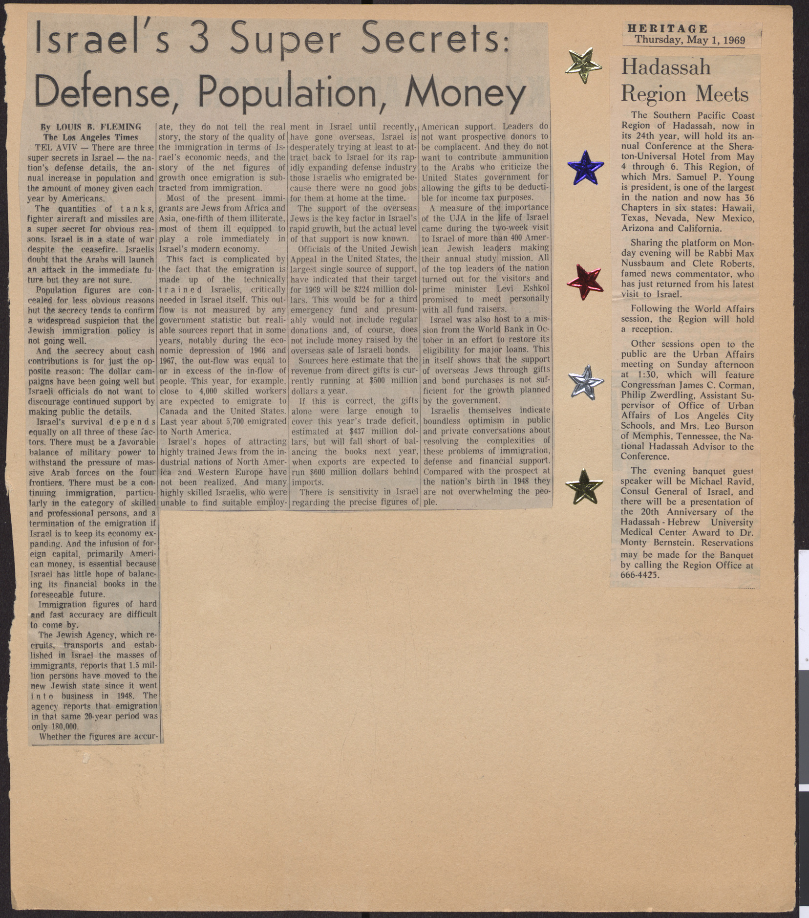 Newspaper clipping, Israel's 3 Super Secrets: Defense, Population, Money, Los Angeles Times, date unknown, and Hadassah Region Meets, Heritage, May 1, 1969