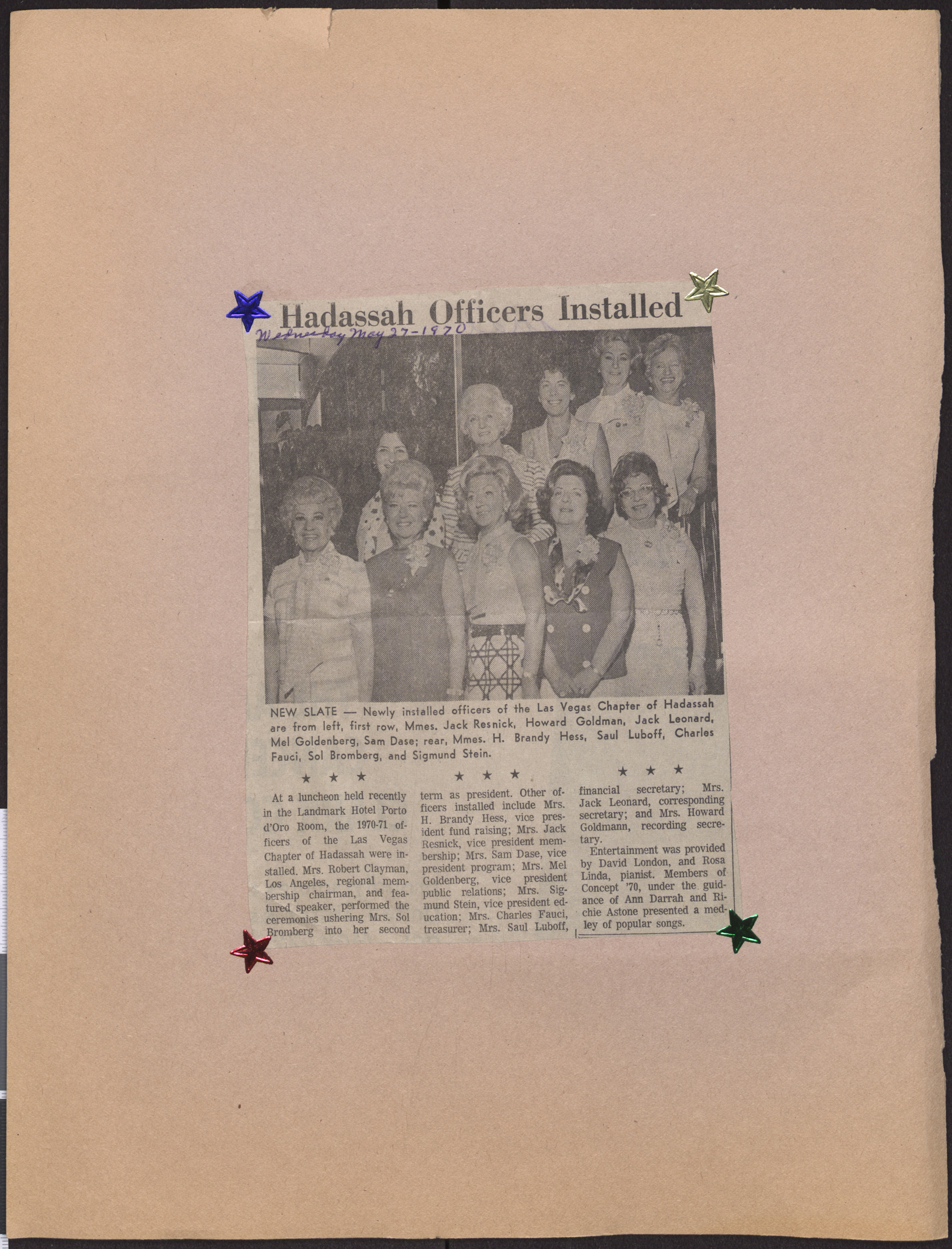 Newspaper clipping, Hadassah officers installed, publication unknown, May 27, 1970