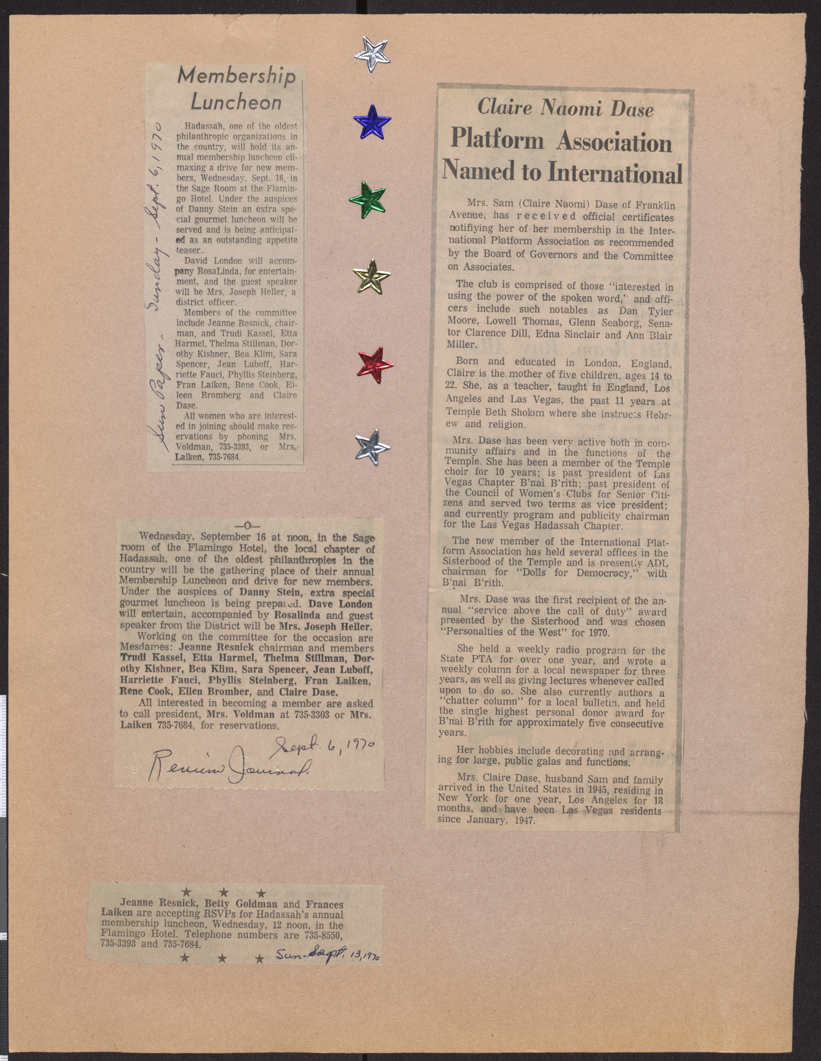 Newspaper clippings about Hadassah membership luncheon, Spetember 1970
