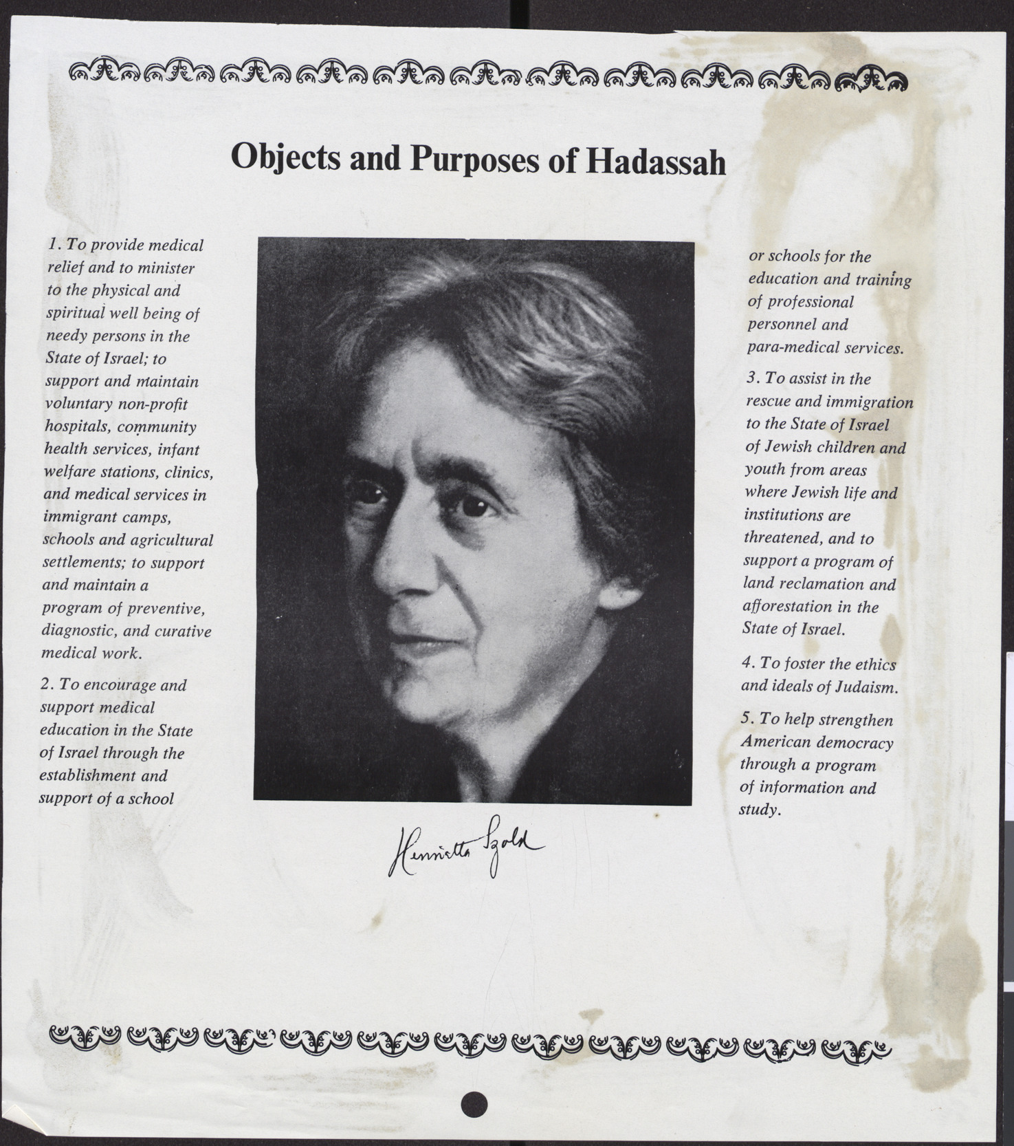 Page from calendar with Objects and Purposes of Hadassah