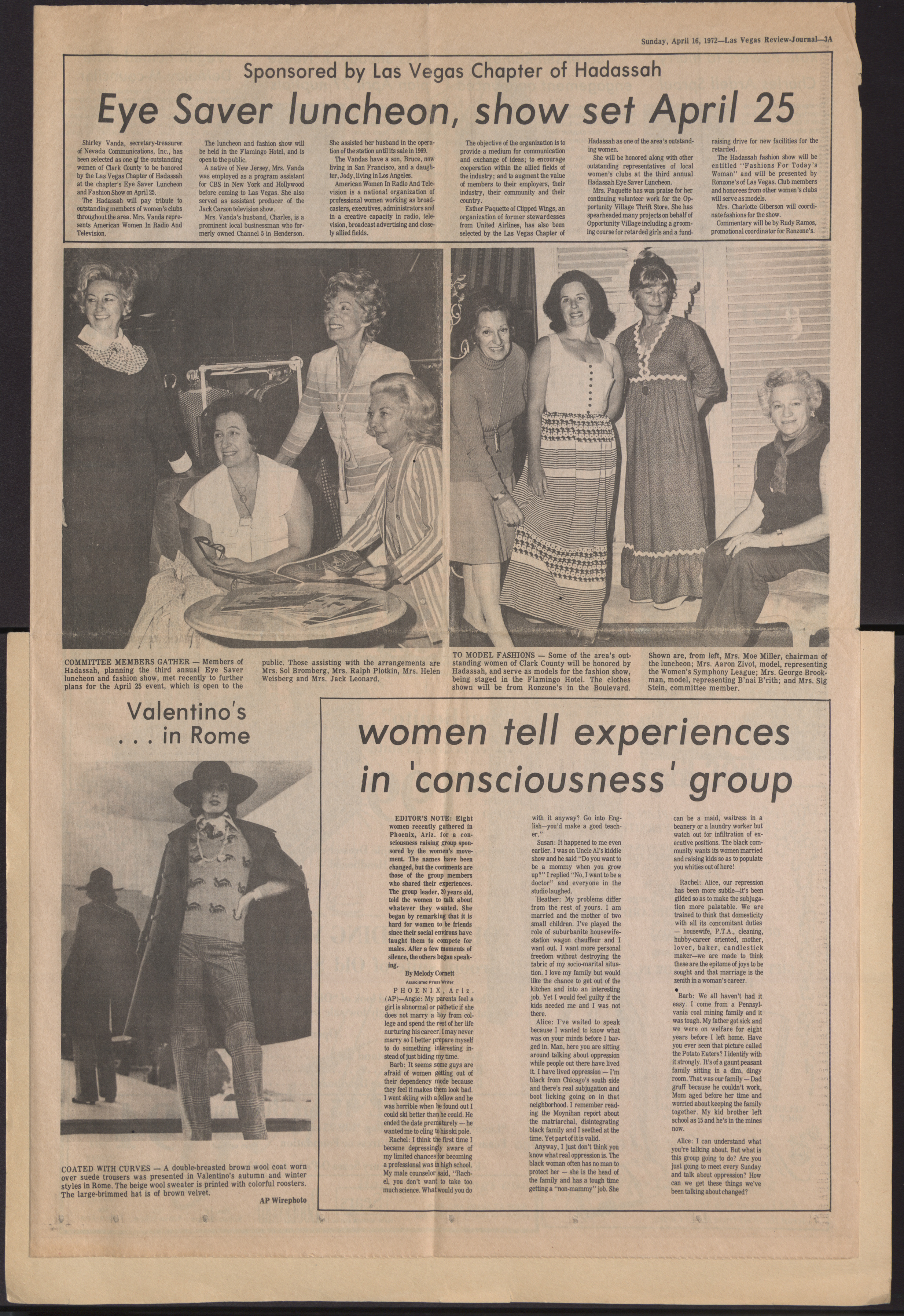 Newspaper clipping, Sponsored by Las Vegas Chapter of Hadassah, Eye Saver Luncheon, Las Vegas Review-Journal, April 16, 1972