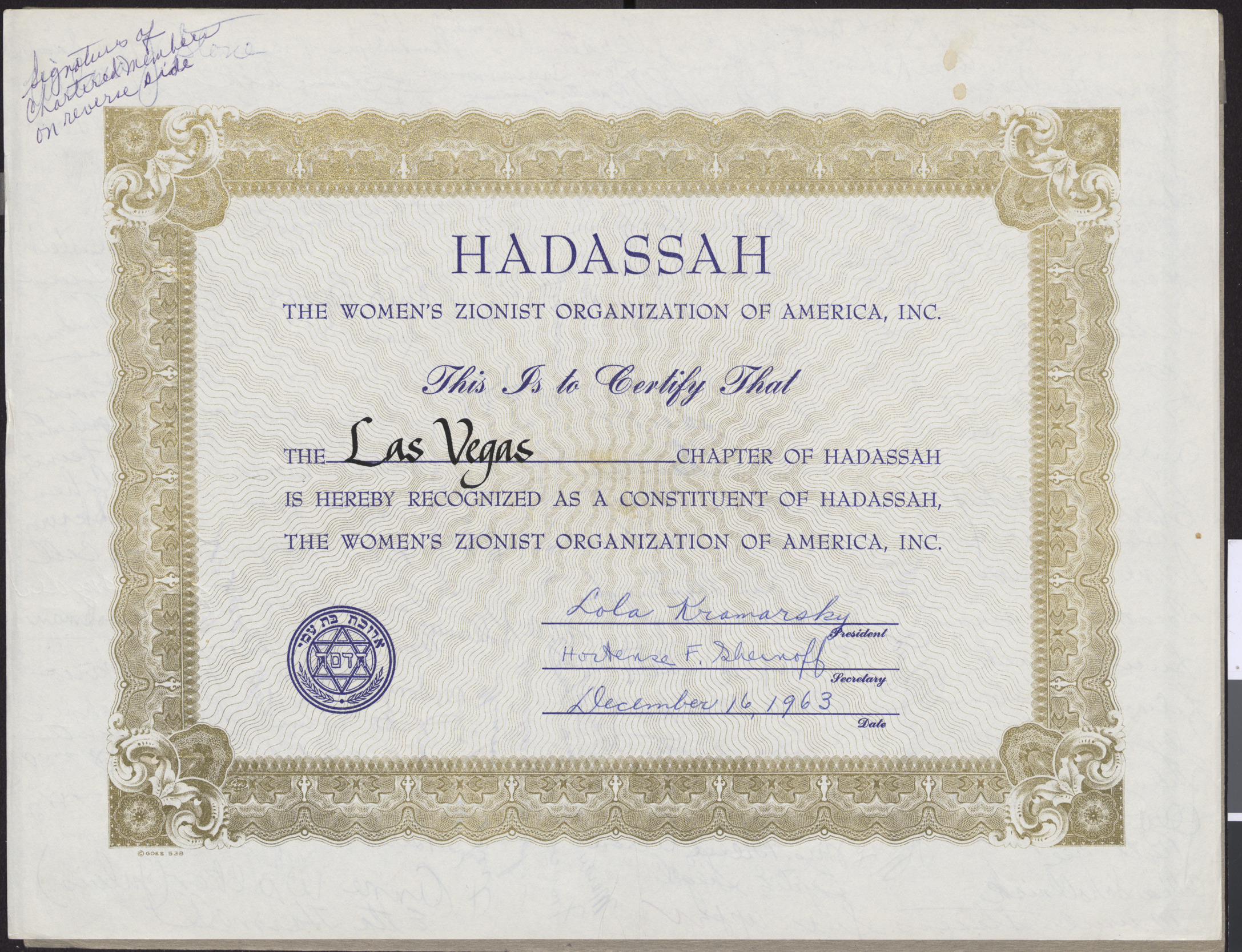 Front of Hadassah certificate of constituency for the Las Vegas Chapter, 1963