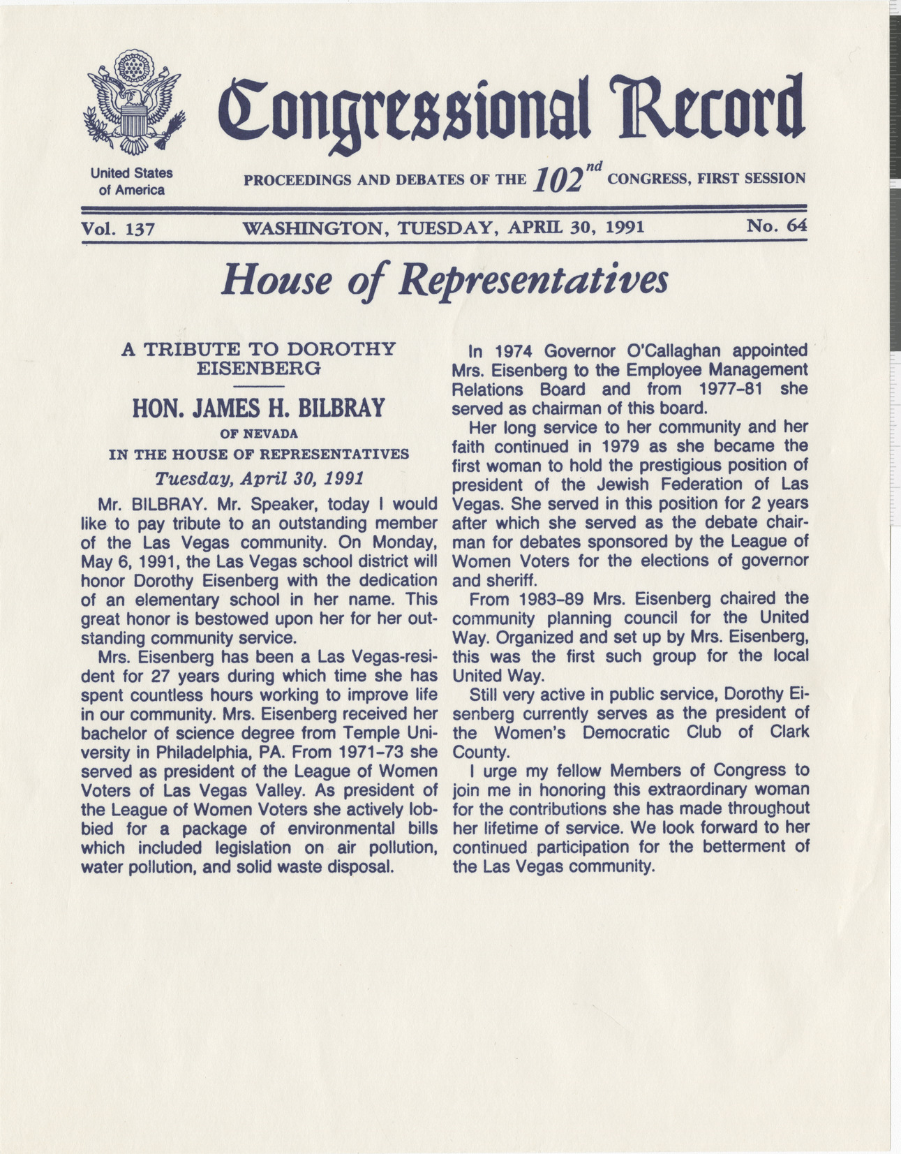 Issue of Congressional Record, Tribute to Dorothy Eisenberg, April 30, 1991