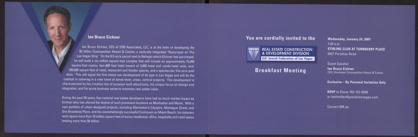 Invitation to January Breakfast Meeting for Real Estate Construction and Development Division for the United Jewish Community, Jewish Federation of Las Vegas, open
