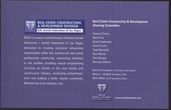 Invitation to January Breakfast Meeting for Real Estate Construction and Development Division for the United Jewish Community, Jewish Federation of Las Vegas, back