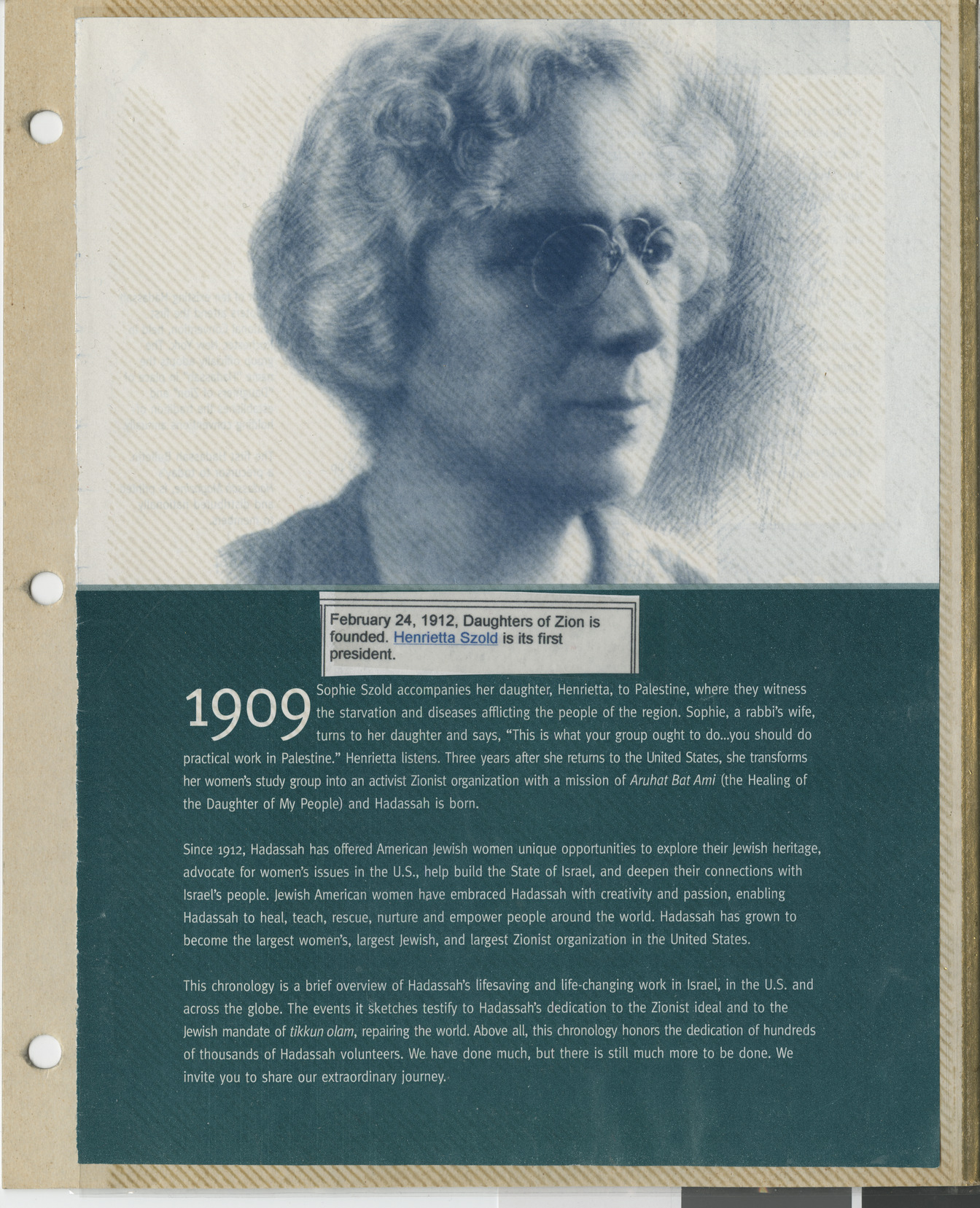 Clipping, History of Hadassah timeline entry for 1909