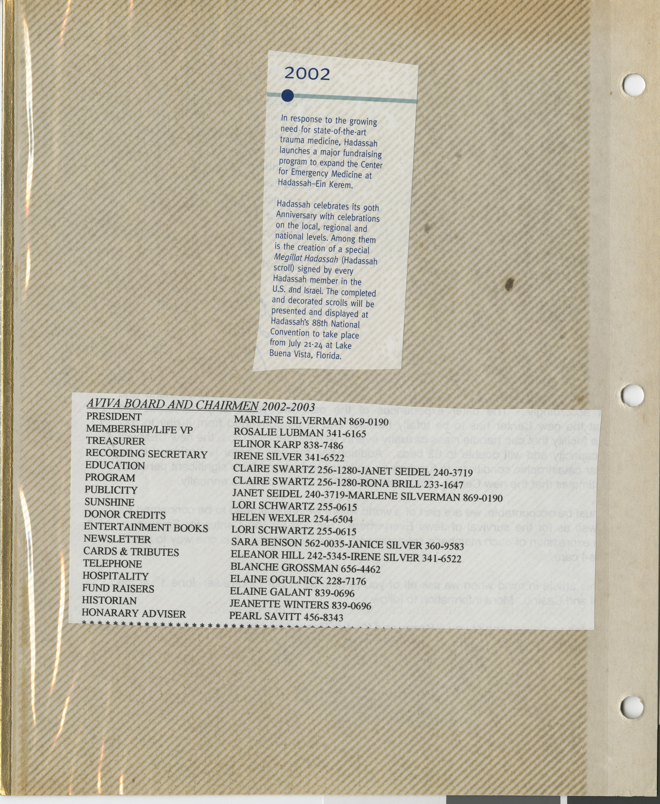 Newspaper clipping for Hadassah event and list of board members for Aviva, 2002-2003