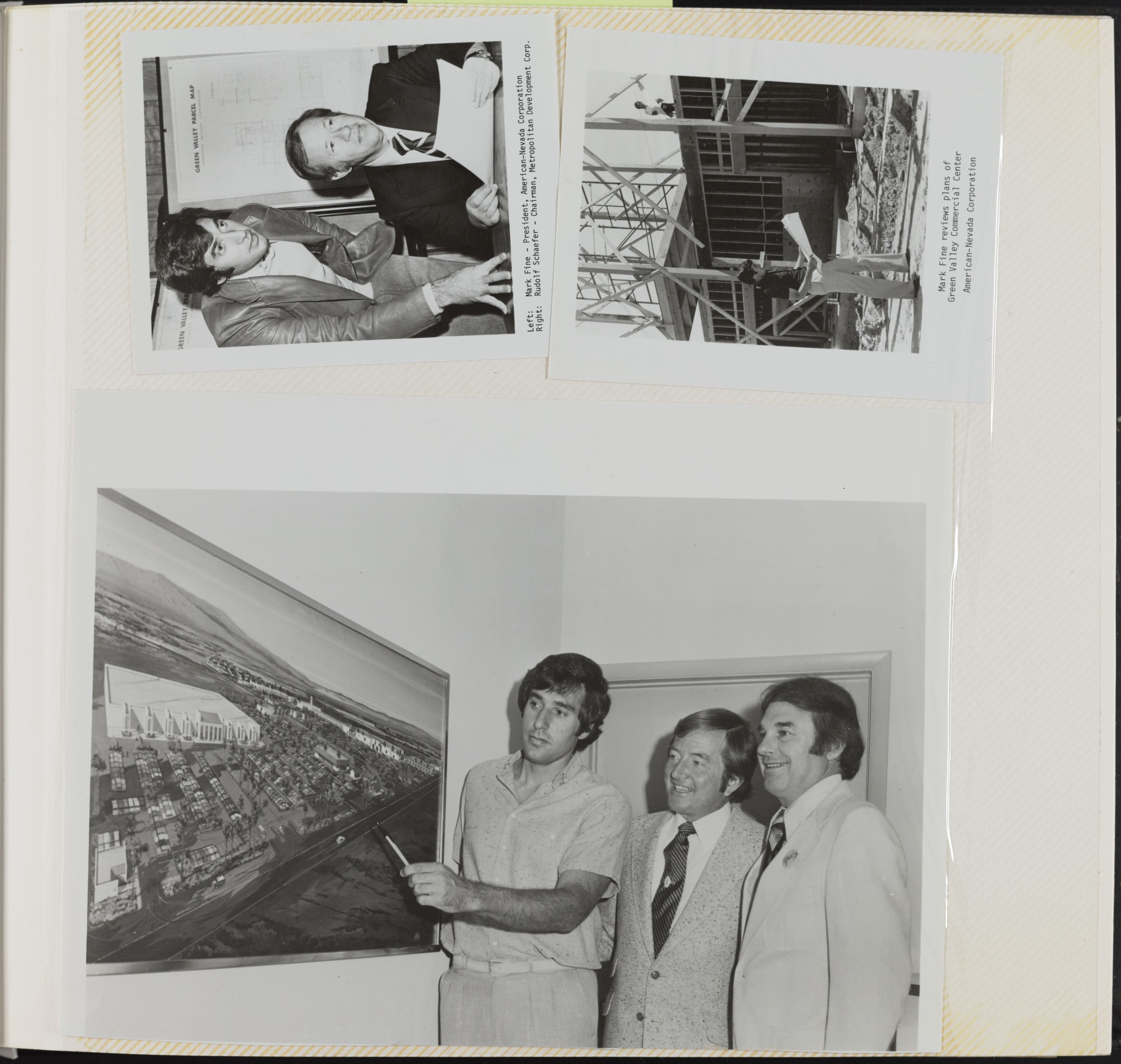 Photographs of Mark Fine at construction sites and with construction plans