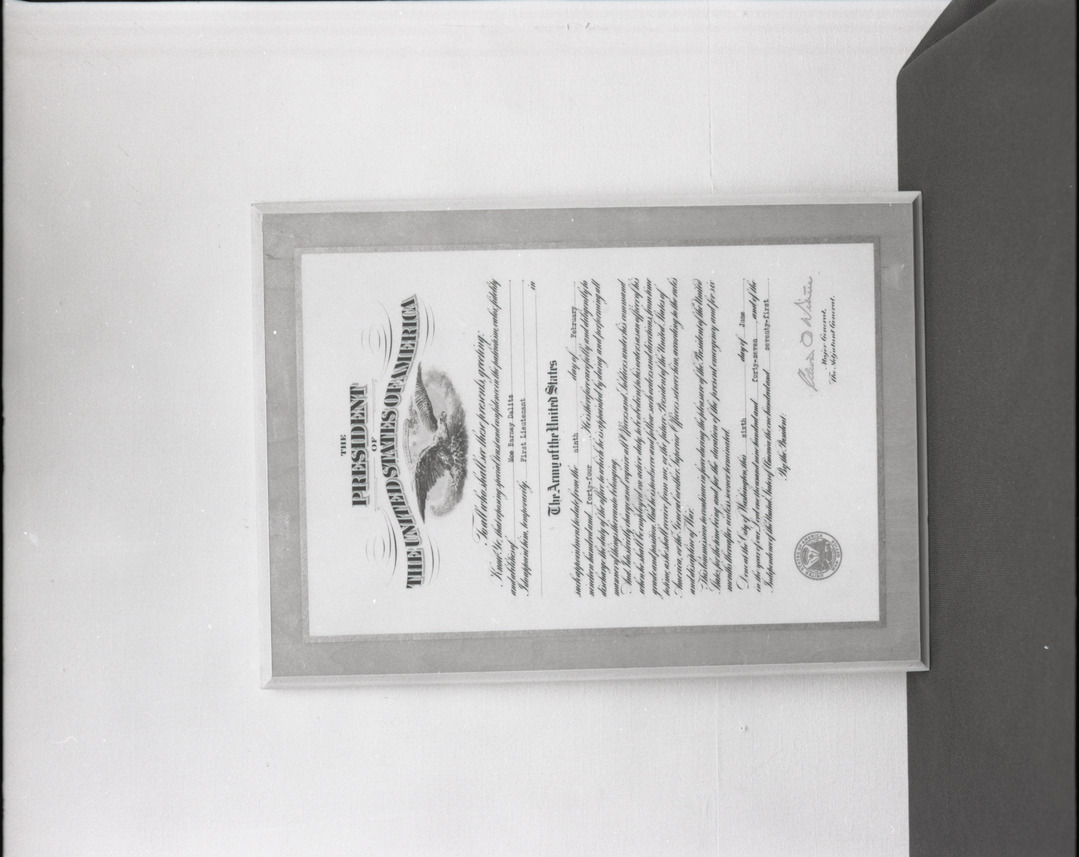 Film negative of plaque, Army of the United States appointment of Moe Dalitz as First Lieutenant, June 6, 1947