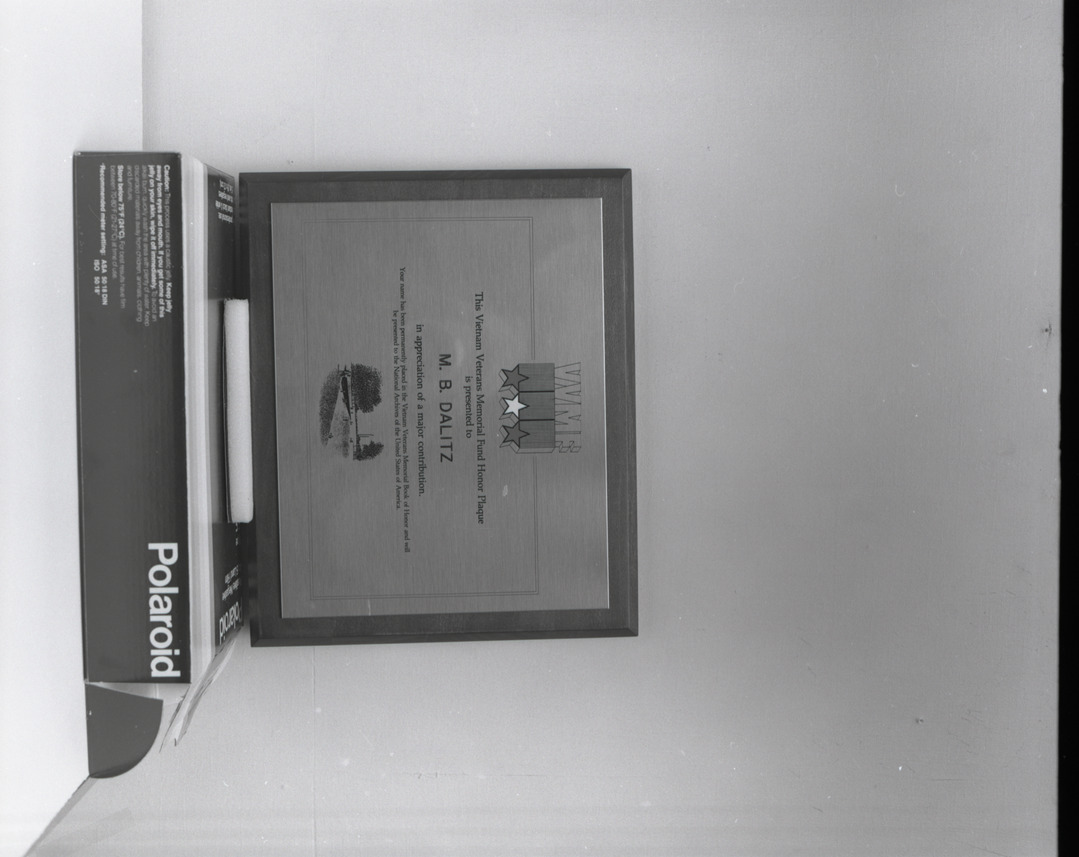 Film negative of plaque for M.B. Dalitz in appreciation for a major contribution to the Vietnam Veterans Memorial Fund