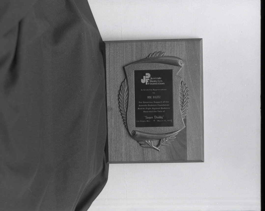 Film negative of plaque in grateful appreciation to Moe Dalitz for his support of the Juvenile Diabetes Foundation, 1970s