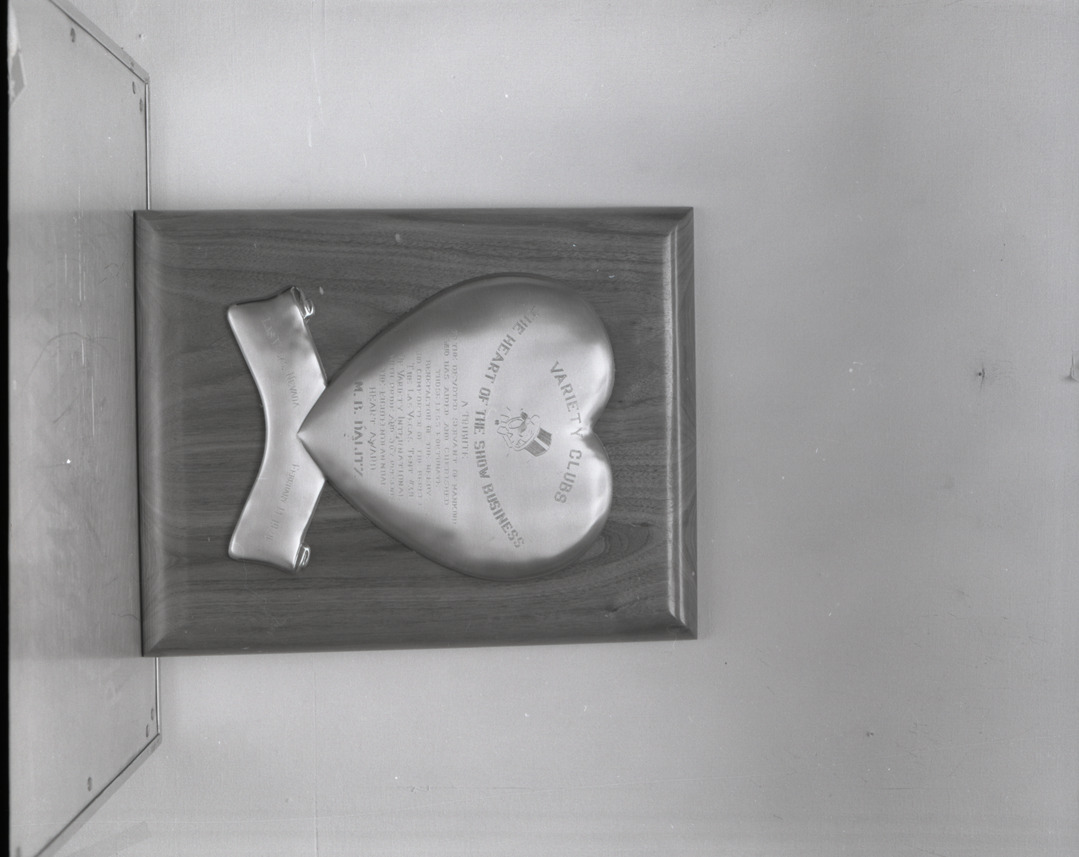 Film negative of Heart Award tribute plaque for M.B. Dalitz, 1970