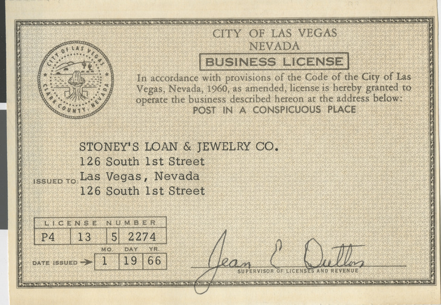 Business license for Stoney's Loan & Jewelry Co., January 19, 1966