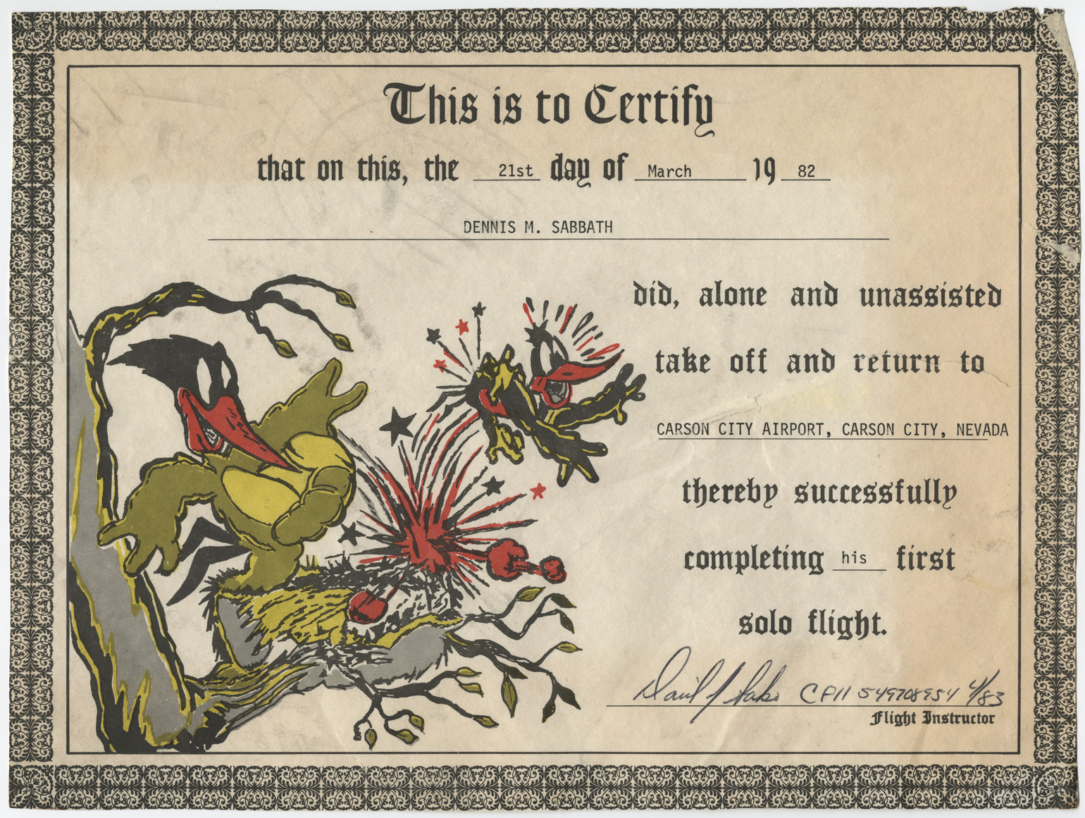 Certification for Dennis Sabbath's first solo flight, March 21, 1982