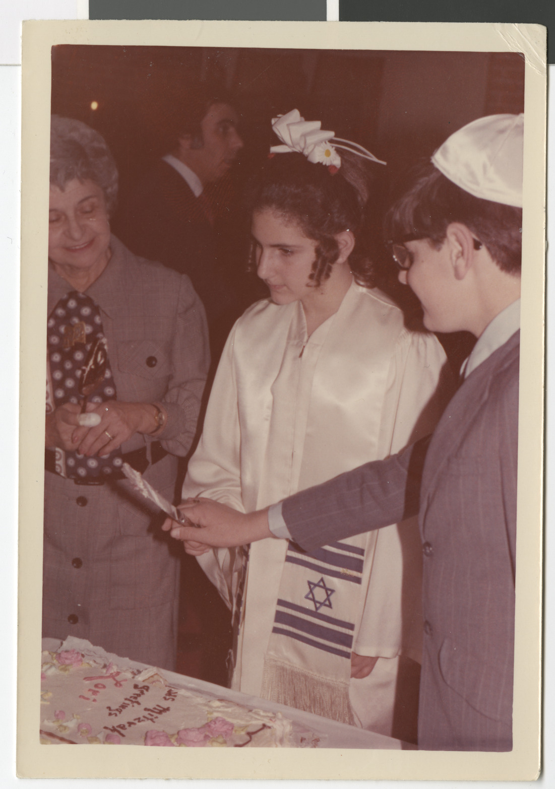Photograph of Etta Harmel, Lori Chenin and Alan Chenin at bat mitzvah for Lori Chenin, February 3, 1973