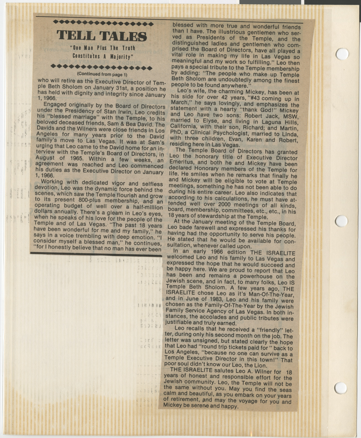 Newspaper clipping, Leo A. Wilner Retires, Las Vegas Israelite, January 27, 1984