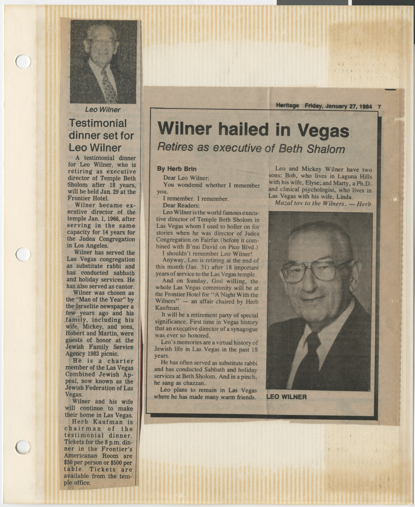 Newspaper clippings, Testimonial dinner set for Leo Wilner and Wilner hailed in Las Vegas, publication unknown, January 1984