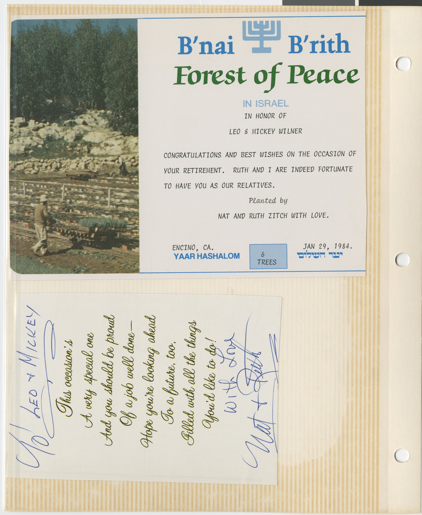 Dedication card, B'nai B'rith Forest of Peace in Israel in honor of Leo and Mickey Wilner, January 19, 1984
