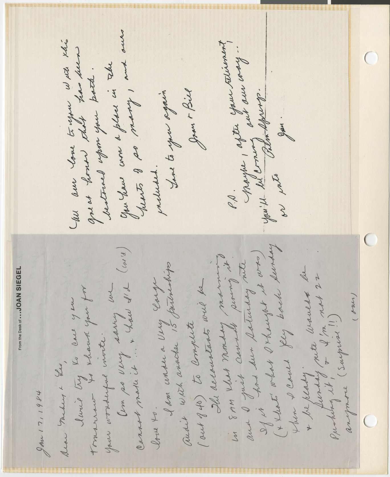 Handwritten note from Joan Siegel