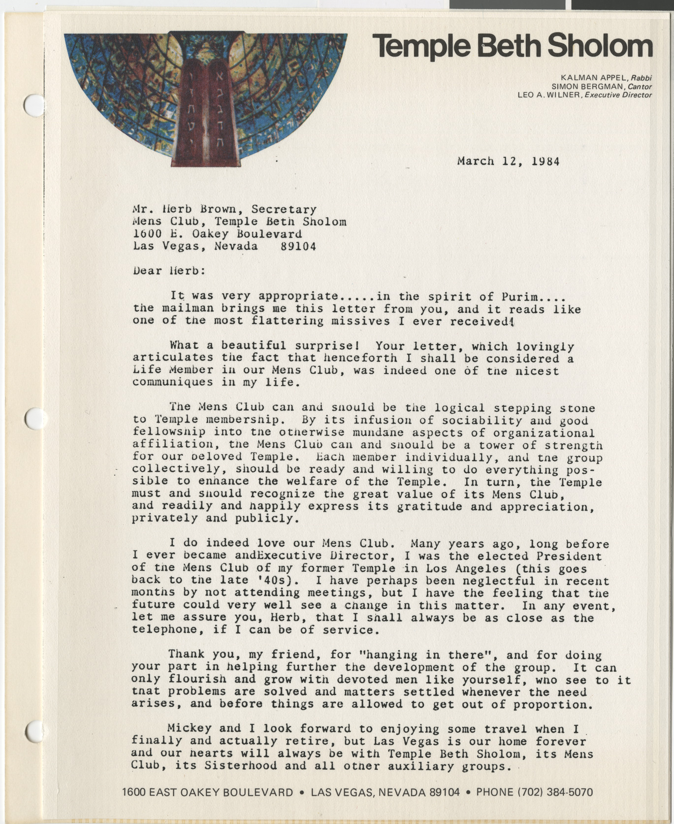 Letter from Leo Wilner to Herb Brown, March 12, 1984, page 1