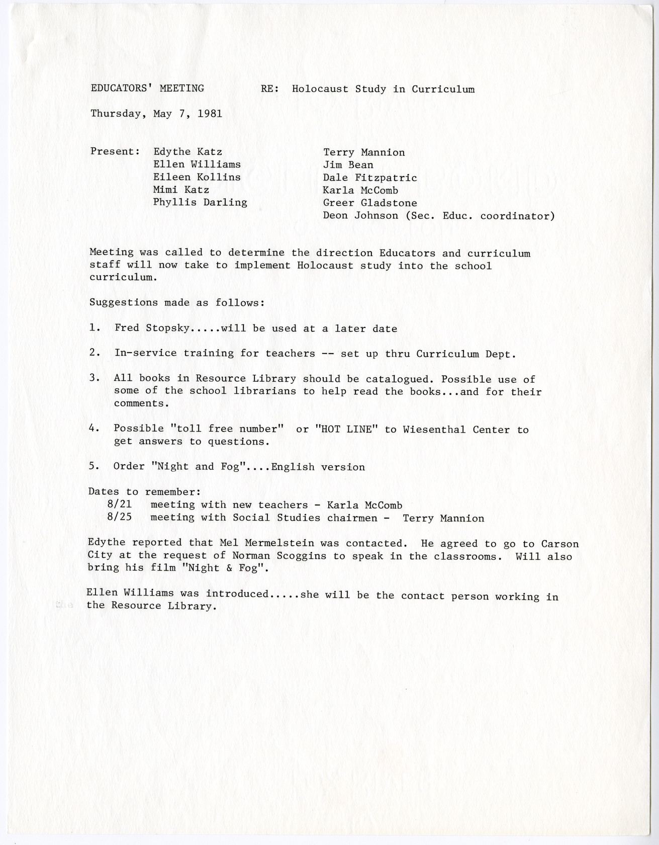 Holocaust Education Committee letters and meeting minutes, document 02
