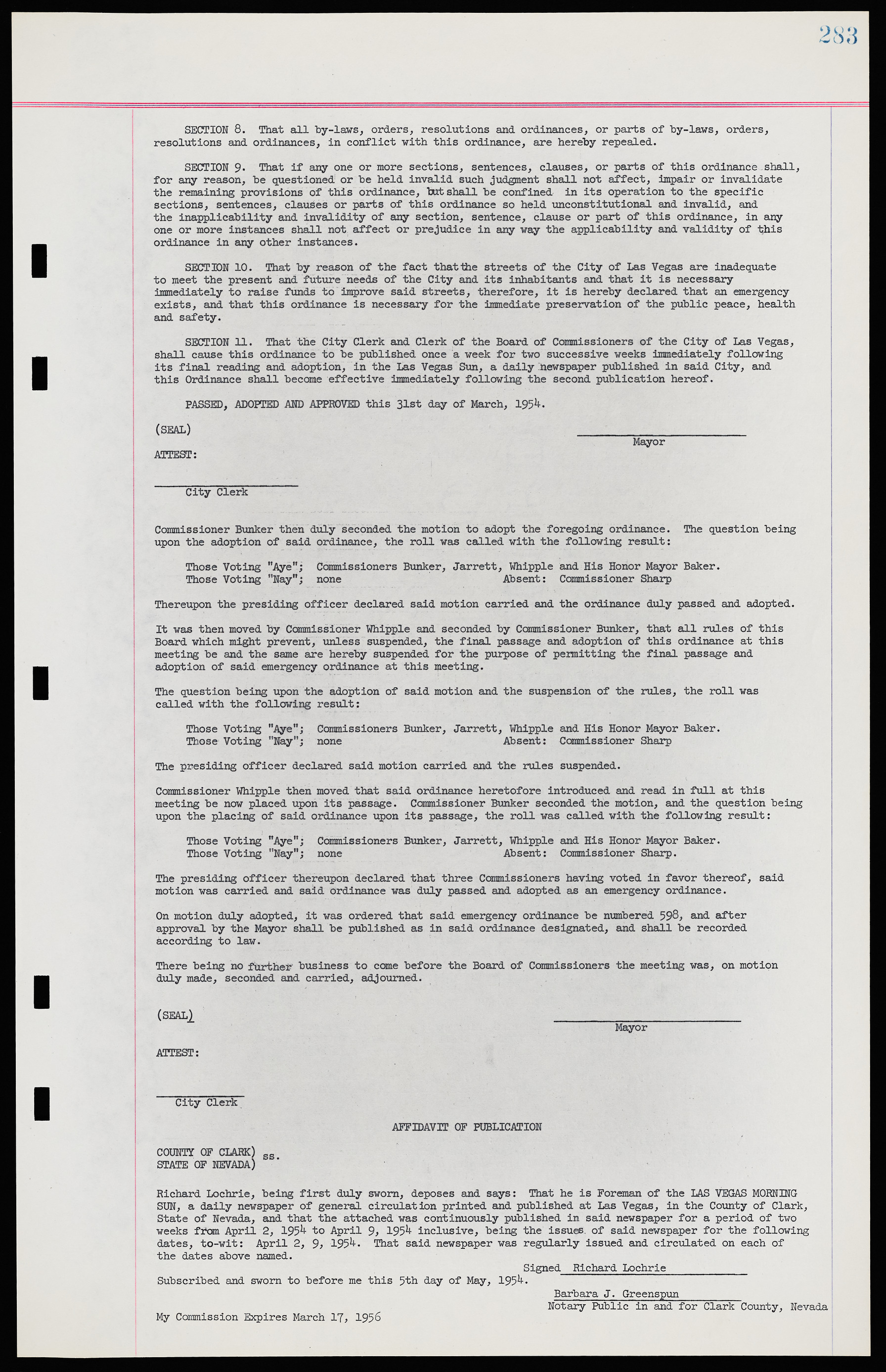 Las Vegas City Ordinances, November 13, 1950 to August 6, 1958, lvc000015-291