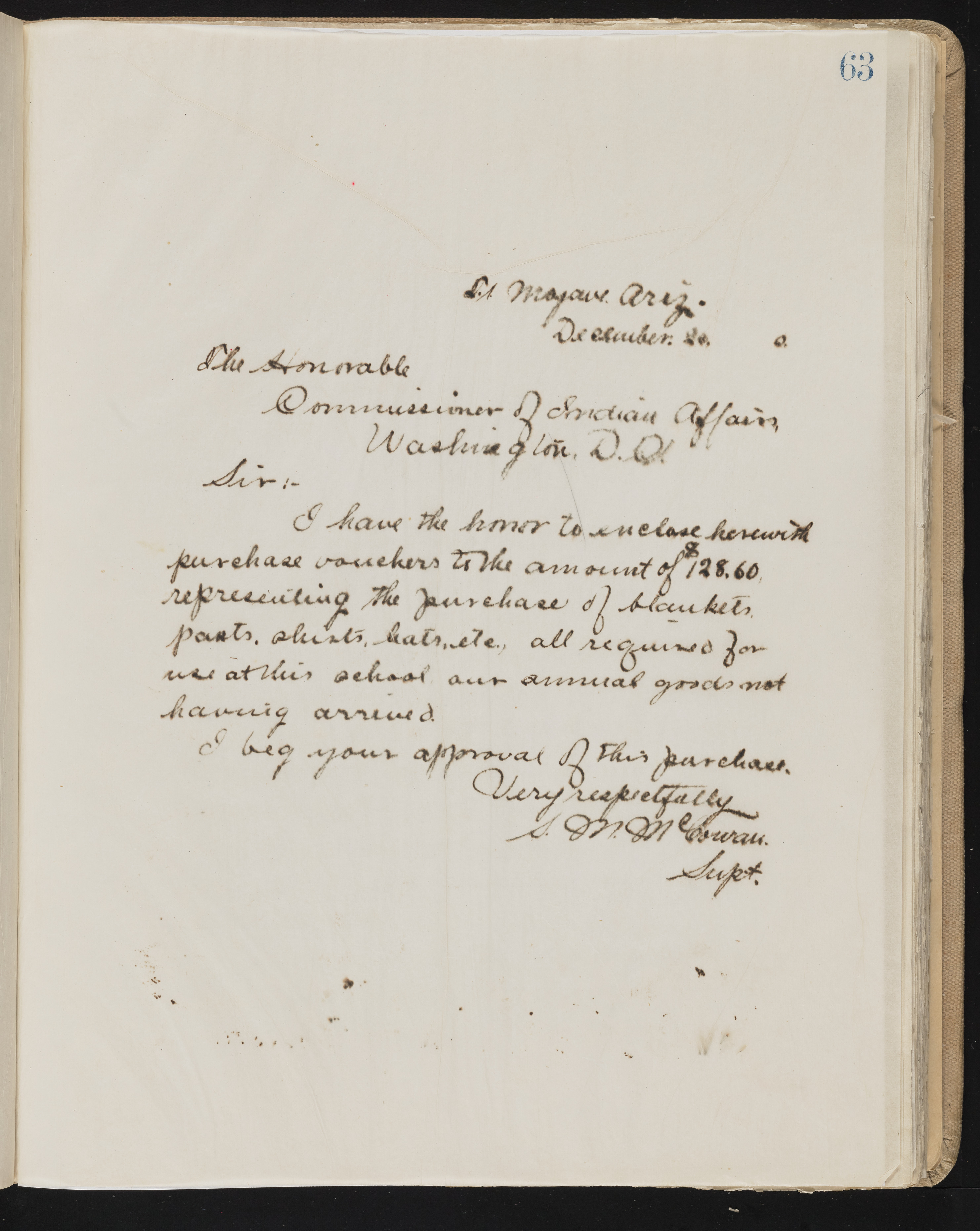 Fort Mojave Industrial School correspondence, administrative and financial information, image 055