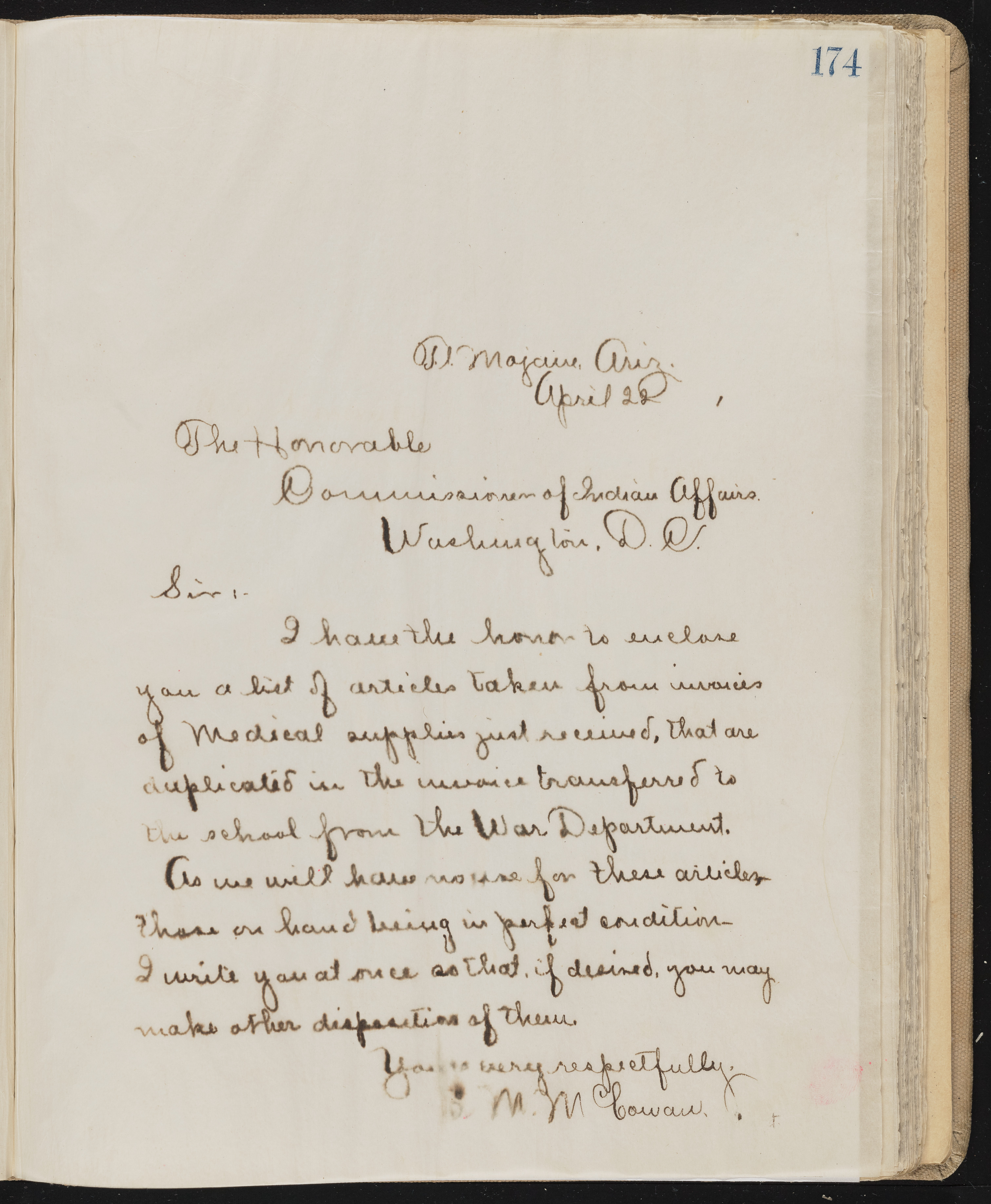 Fort Mojave Industrial School correspondence, administrative and financial information, image 133