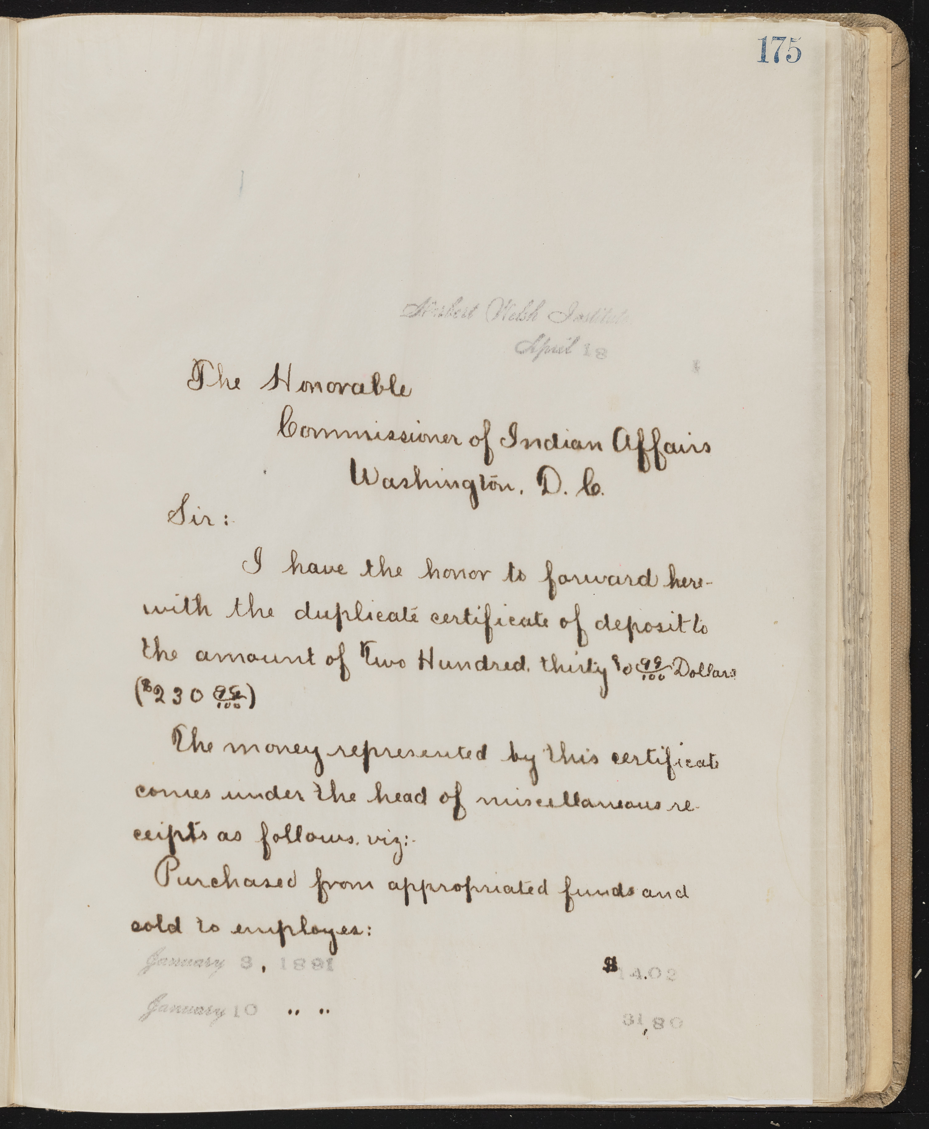 Fort Mojave Industrial School correspondence, administrative and financial information, image 134