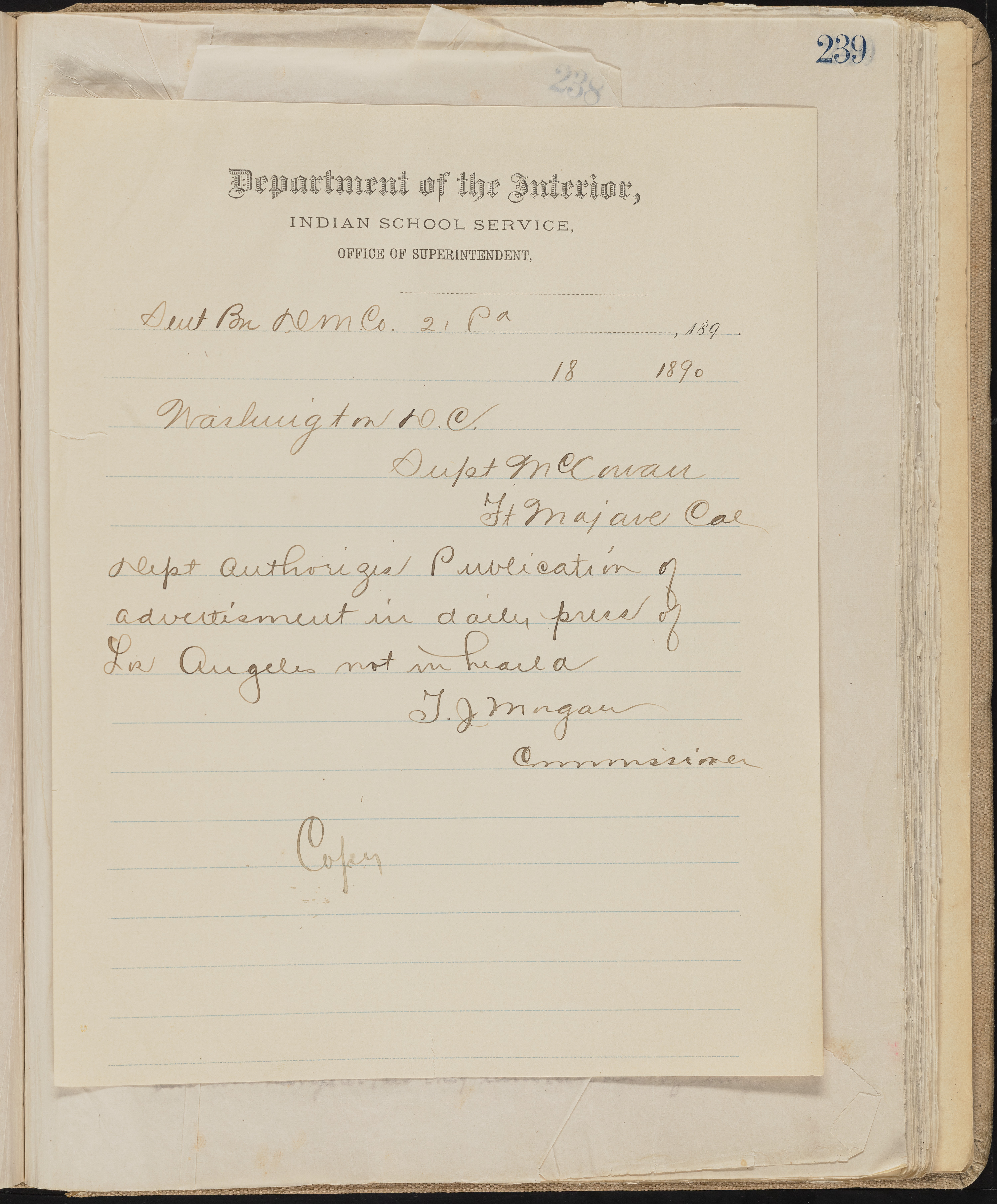 Fort Mojave Industrial School correspondence, administrative and financial information, image 197