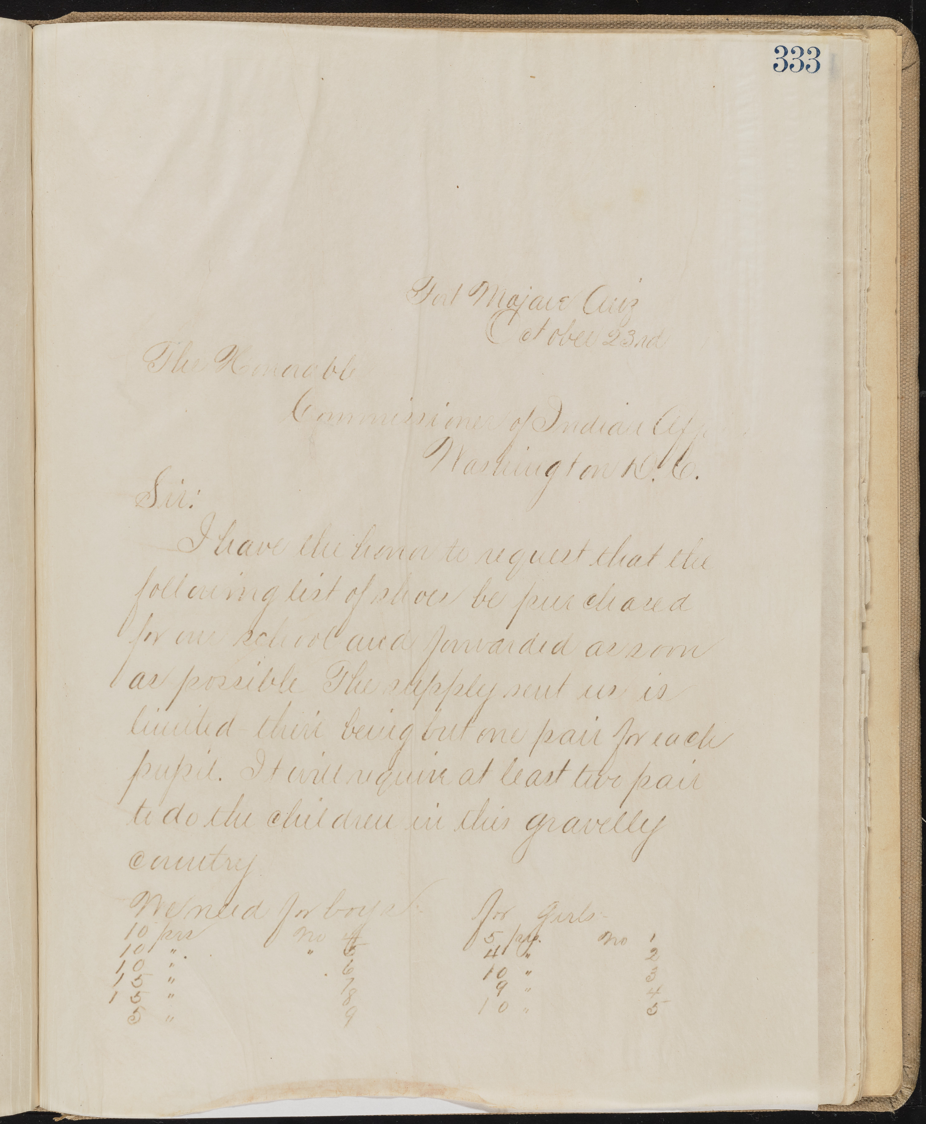 Fort Mojave Industrial School correspondence, administrative and financial information, image 286