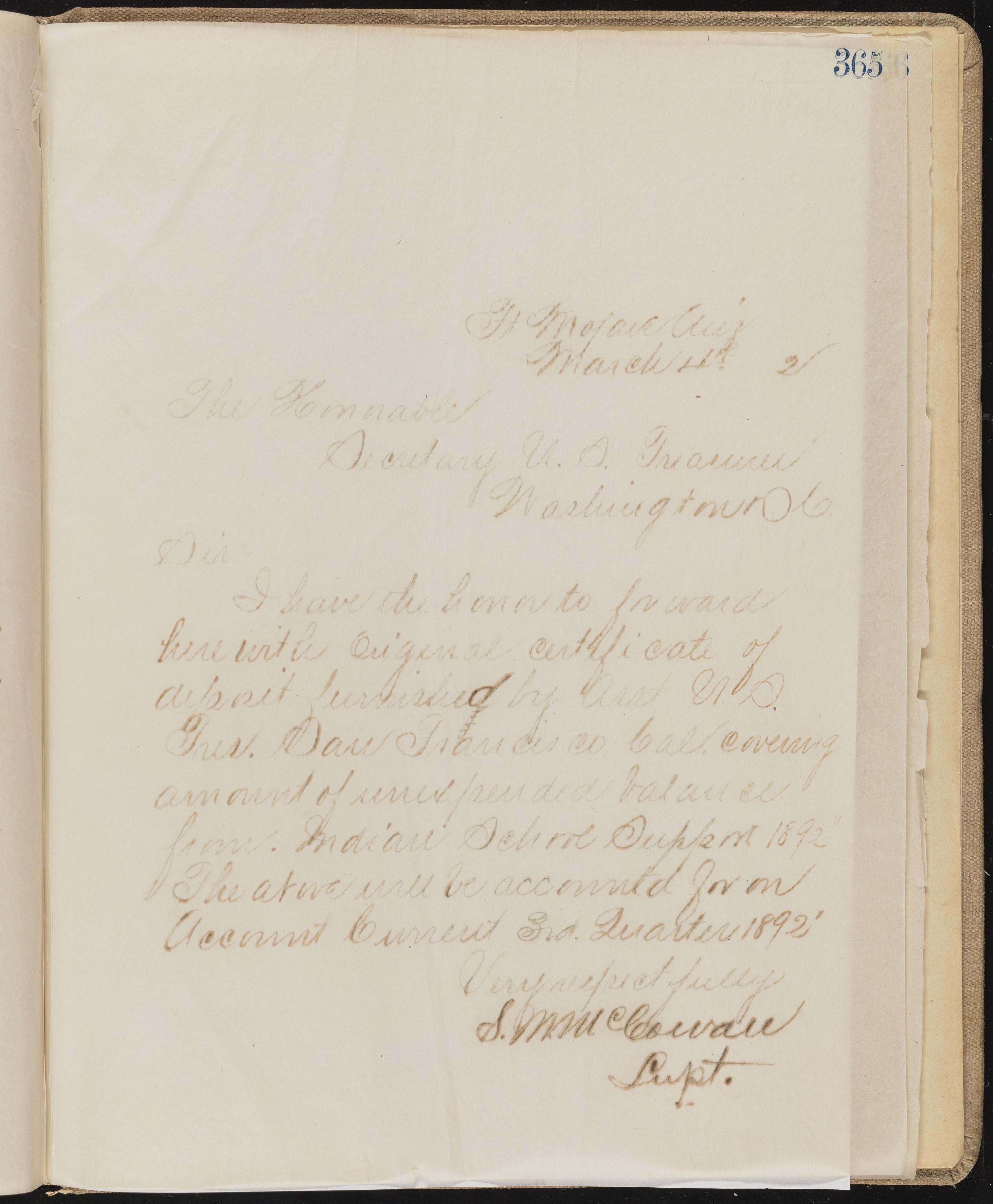 Fort Mojave Industrial School correspondence, administrative and financial information, image 305