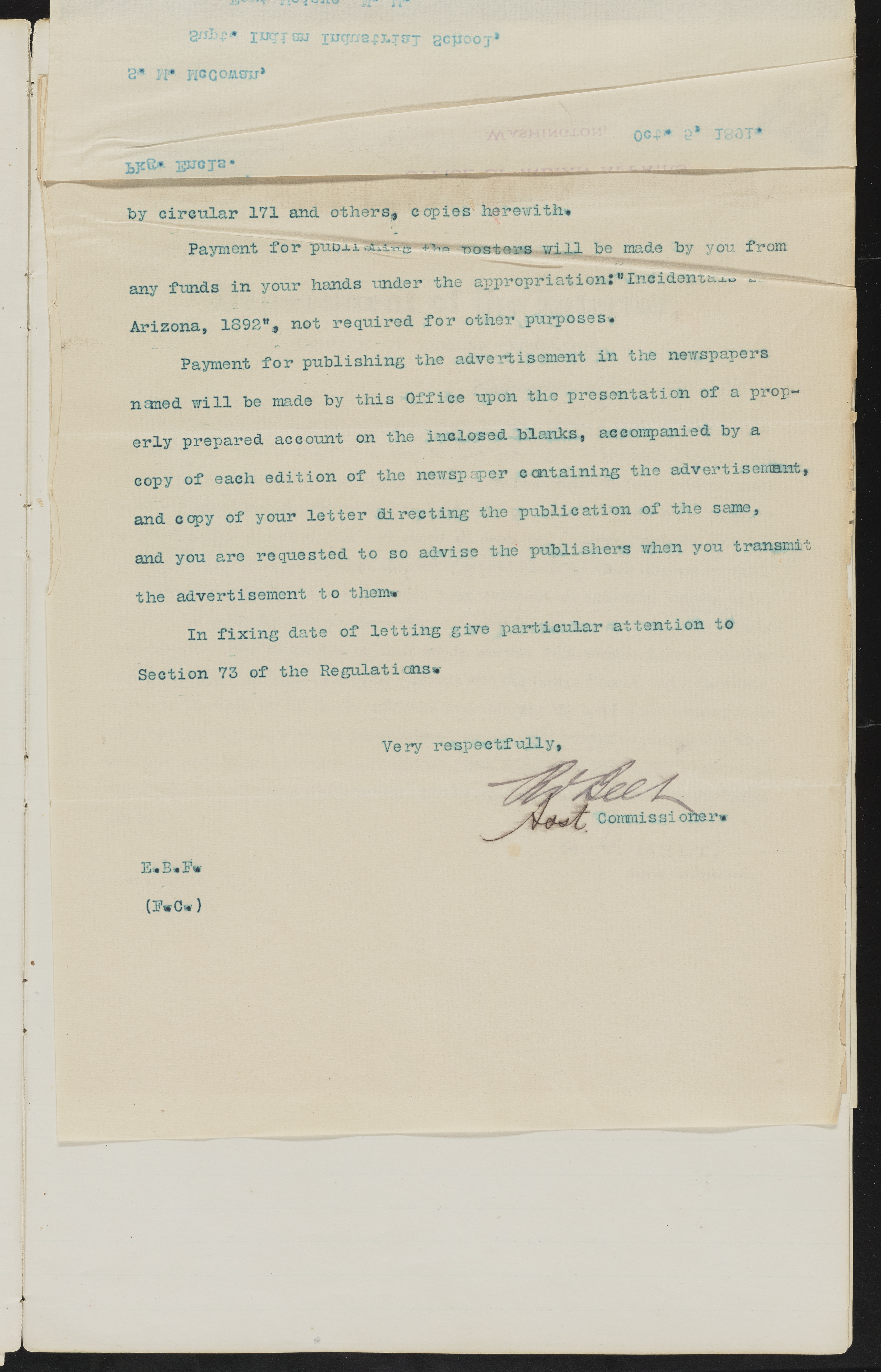 Fort Mojave Industrial School correspondence and a blueprint design of the Fort Mojave Pump Station, Washington (D.C.), 1891-1893, snv002595-13