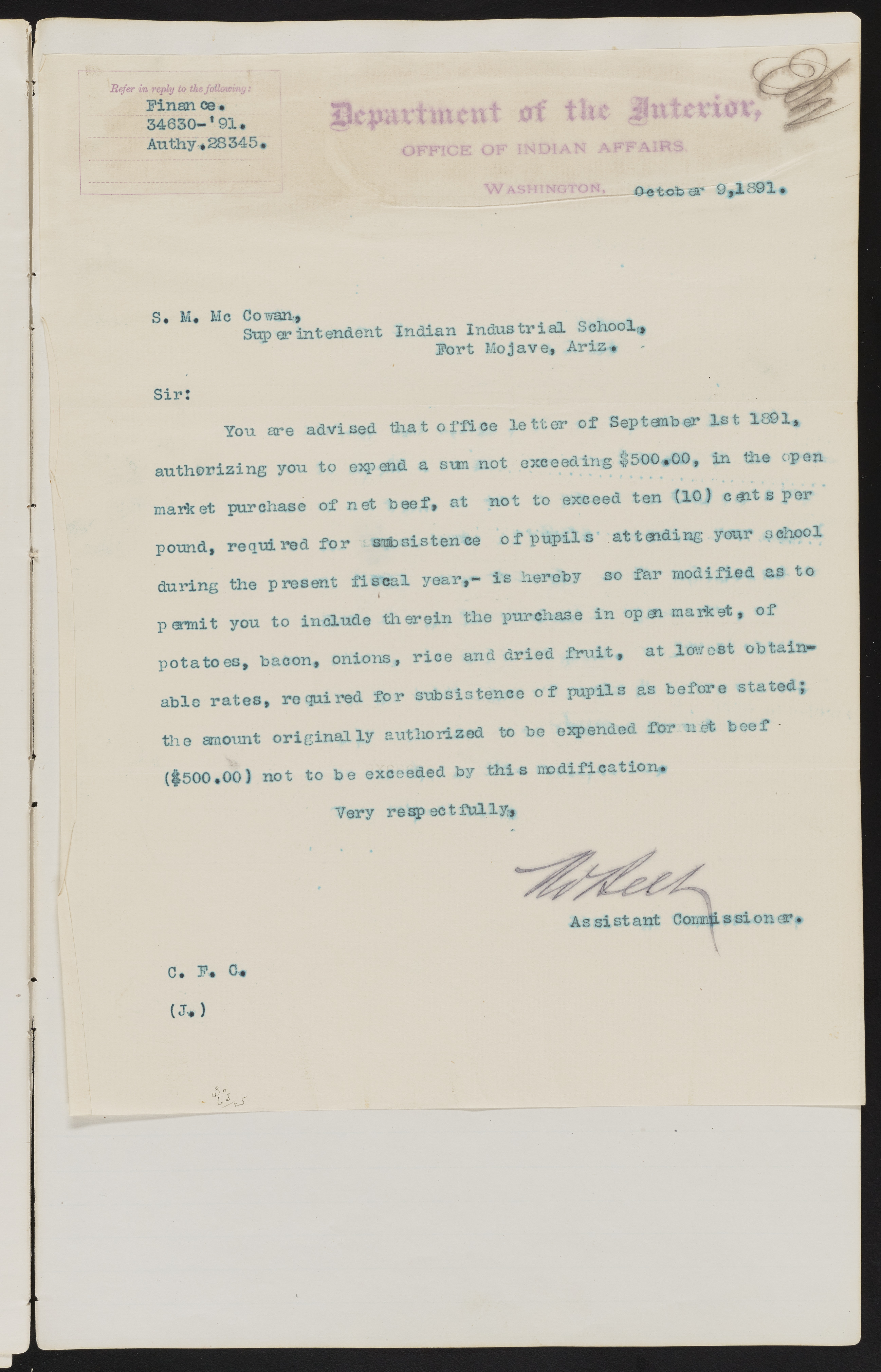 Fort Mojave Industrial School correspondence and a blueprint design of the Fort Mojave Pump Station, Washington (D.C.), 1891-1893, snv002595-15