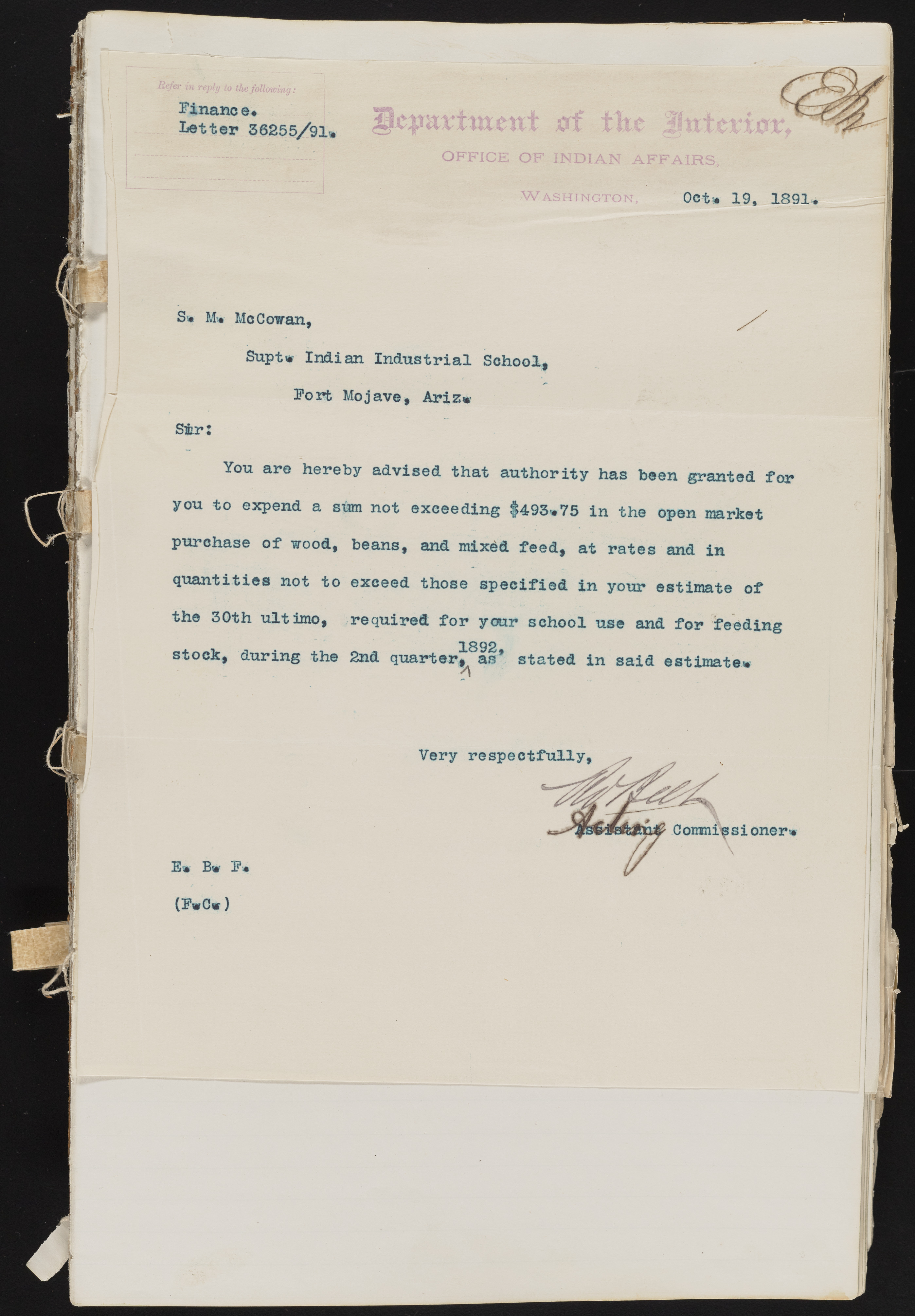 Fort Mojave Industrial School correspondence and a blueprint design of the Fort Mojave Pump Station, Washington (D.C.), 1891-1893, snv002595-16