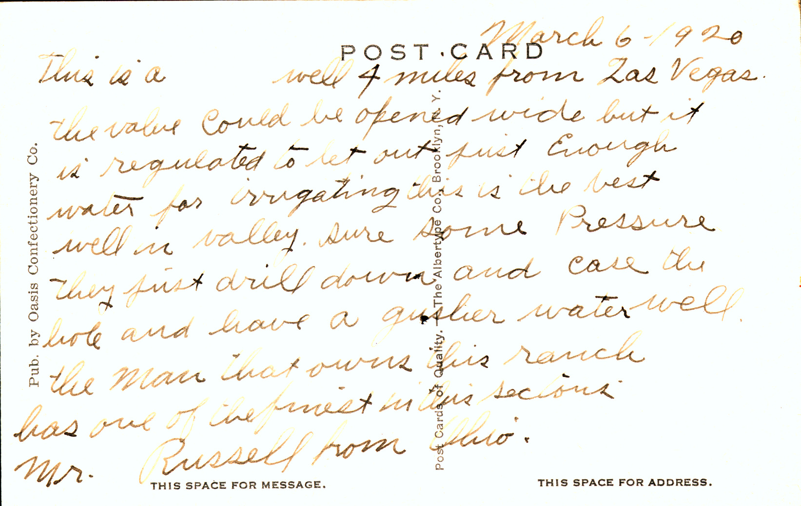 Postcard showing artesian well near Las Vegas, March 6, 1920, Back